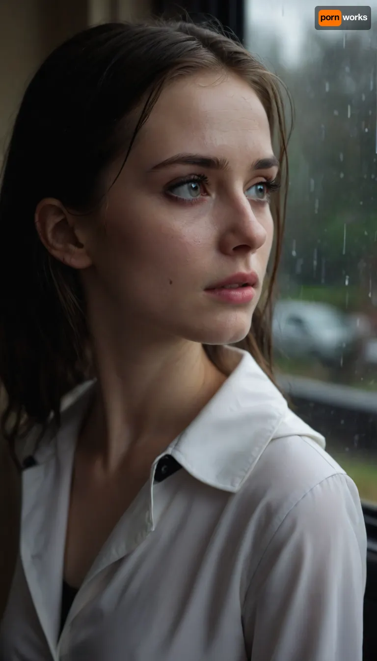 POV your 18yo neighbour asks to come in your house. It is raining outside and she is totally wet. Her makeup is ruined. She has a slender bony figure. She has a slender face with cheekbones. She has sharp chin and nose. She is wearing white office blouse, black office skirt, black boots and a raincoat. She is about to cry. She looks very sad and lonely.