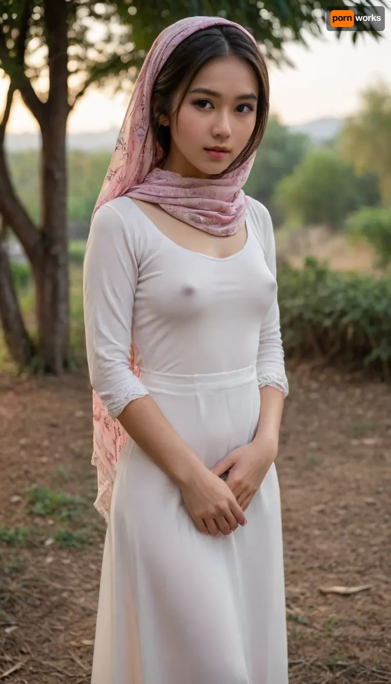 hentai beauty, 1girl, 18 years old, southeast asian girl, petite, detailed face, (scarf covering head, forehead, neck, hair), (undercap), kaftan, long sleeves shirt, long skirt, soft fabric, no, bra, covered, nipples, 3/4 body view, outdoor, <lora:nobrav1_SDXL:.2>