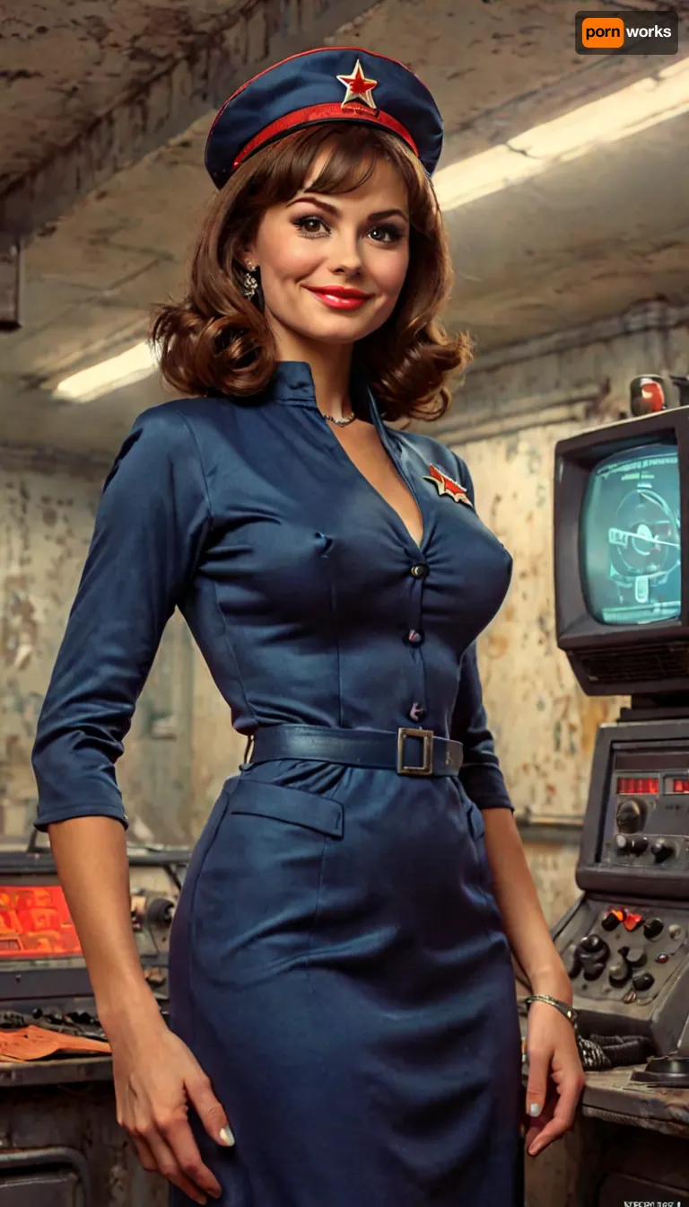 A stunning busty sexy 40-something Russian actress smiling and portraying a groovy 1960s spy standing in an over-the-top gonzo 1960s retro-Atomic Age high-tech secret Soviet base, (1960s Soviet Russian vibe), 1960s mod outfit, 1960s styled hair, large breasts, full moist lips, big confident smile, looking at viewer, strong features, big luminous expressive eyes, strong eyebrows, long eyelashes, professional makeup and hair, interesting Soviet base with Soviet symbols and Cyrillic characters in the background, hyper realistic, natural skin with pores and blemishes, skindentation, incredibly detailed photo, but, clothes, braless, Wearing, that, make, sense, with, Braless>, <lora:MJ52:2>, <lora:add-detail-xl:2>, <lora:BUT_SDXL_SHS:.3>, <lora:bralessSDXL_v1_00022:.6>