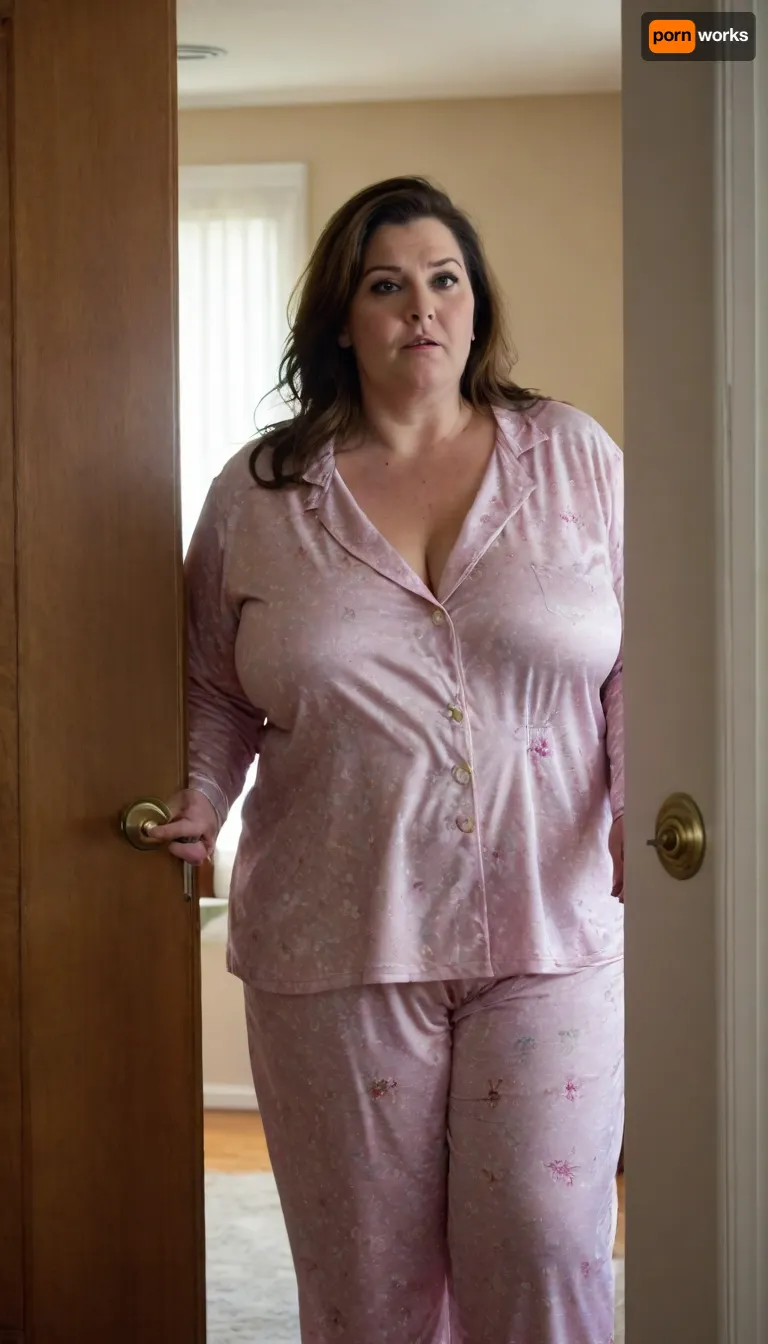 My mature full figured American bbw wife feels unobserved in the bedroom and changes her pajamas, wearing light silk pajama. She doesn't notice that I'm watching her through the crack in the door.