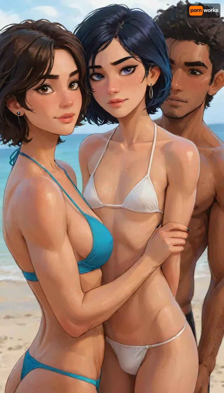 Andava, Andavaverse, The Group Take A Photo On The Beach.

ANGELIA PELO ROTH, Italian-Korean, petite woman, Height 5'3, A confident young woman with wavy shoulder-length hair dyed in rich two-tone purple with slight magenta-highlights, parted slightly to the side, bright_grey_eyes, wearing teal bikini, She has a toned body, small breasts, athletic midriff exposed. She accessorizes with a black choker around her neck, a thick black sweatband on one wrist, Her expression is confident and playful, slightly smug or teasing.The aesthetic is alt-girl, modern streetwear with punk/grunge influence.
And.
ALEXIS ROTH, Italian-Korean femboy, Height 5'5, A stylized anime-style featuring a feminine, androgynous anime character with bright_blue_eyes, black hair and a pink headband, wearing fashion white bikini, highly detailed, intricate, visible penis bulge, showing toned abs and a relaxed confident expression, coy smile, black nails, The character is muscular yet slender, flat chest, blending masculine and feminine features.
And.
JEREMY RAI, Afro-Indian Dougla male, Height 5'6, dark brown skinned male, Alexis friend and new friend in the group.A shy innocent boy. Mr Harpreet Sahota illegitimate son. Publically he embraces Alexis friendship. However, in secret he has the biggest penis in the whole school. recently Alexis turned their relationship sexual.This made Jeremy feel really confused, is he homosexual or bisexual.

perfect anatomy, best quality, 8k, insane details, intricate details, hyperdetailed, hyper quality, ultra detailed, professional, HDR, ray tracing reflection, cinematic lighting, highlydetailedbody, realisticface, highlydetailedhair, perfectfingers, insanelydetailed, 8K.highdetailedskin, highresolution, (j_cartoon:1.5), Drawing, Andi, uberfit, muscular, athletic, <lora:467443_training_data:1>, <lora:detailed_notrigger:2>, <lora:samdoesarts1.1-000030:.4>, <lora:J_cartoon:.3>, <lora:Animated_Concept:.4>