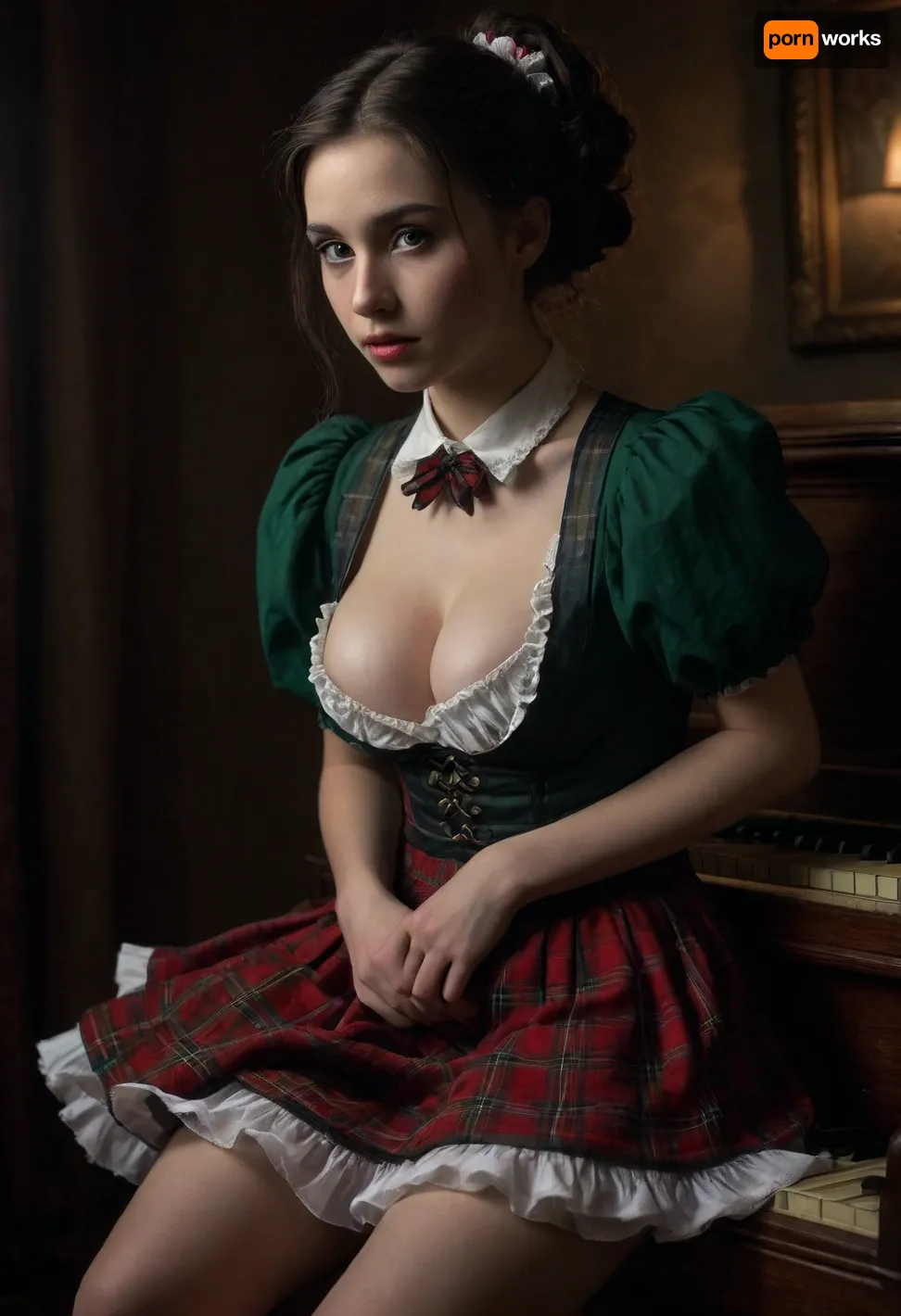 the year 1877, victorian epoch, shy adult innocent waitress slender femboy, (pale skin), (((shy))), high pigtails, long hair, black hair, innocent, 30 years old, saggy breast, standing, smile, (((covered tits from top))), small ass, puffy sleeves embroidery top, petticoat skirt, no slip wearing, breast hole in outfit, white classic shoes, victorian outfit, shiny skin, perfect skin, ruffled trim, garter belt, hoop earrings, green eyes, bows in hair, head tilted slightly downwards, tartan pattern, close up lower body, low back view, show ass, sits playing piano, spread legs, moaning, show pussy, <lora:dark:.1>