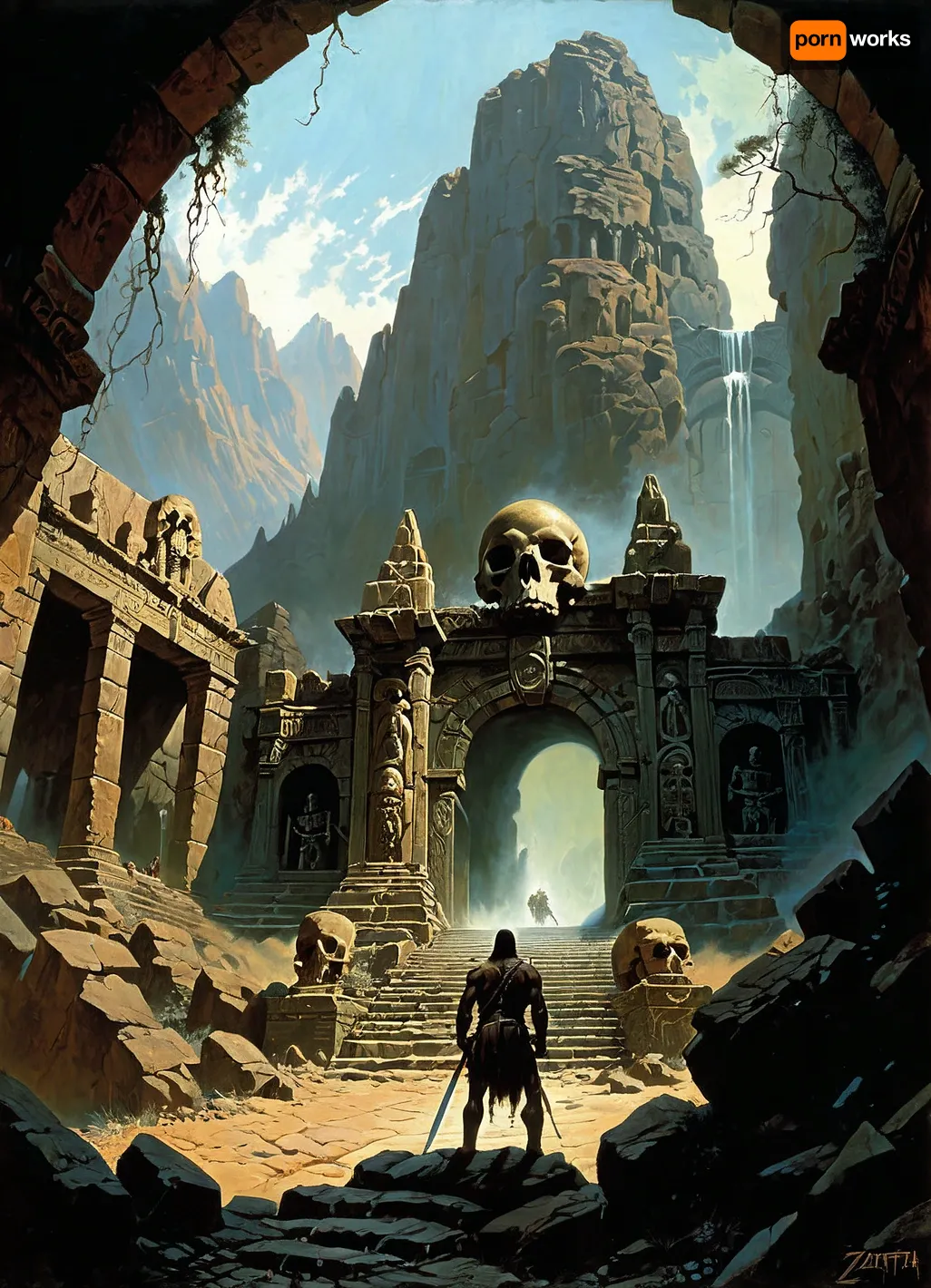 (Epic shot:1.2), of a lone warrior facing a colossal skull gate entrance carved into a mountain, ((skeletal details:1.3), dripping goo, weathered stone, ancient architecture, vines, roots, creepy, ominous), (fantasy art, dark fantasy:1.1), (highly detailed, intricate, gritty texture:1.2), volumetric lighting, dramatic shadows, muted dark colors, greens, browns, grays, desaturated, deep perspective, (digital painting, concept art by Frank Frazetta, Zdzisław Beksiński:1.3), grim, atmospheric, (masterpiece, best quality, ultra high resolution), sharp focus, professional artwork, award winning