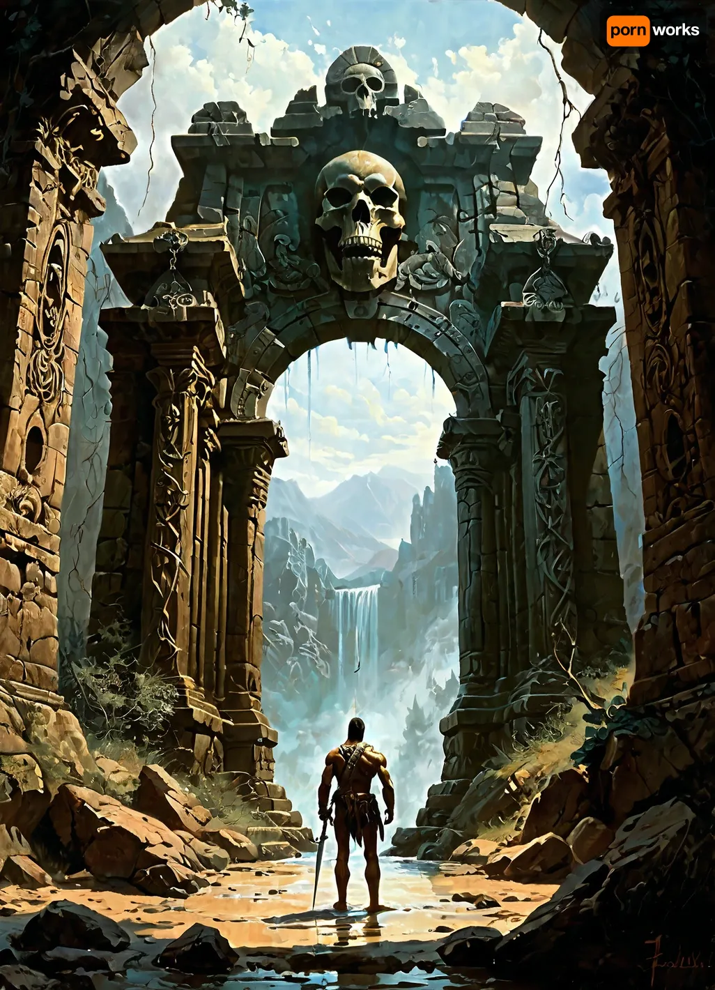 (Epic shot:1.2), of a lone warrior facing a colossal skull gate entrance carved into a mountain, ((skeletal details:1.3), dripping goo, weathered stone, ancient architecture, vines, roots, creepy, ominous), (fantasy art, dark fantasy:1.1), (highly detailed, intricate, gritty texture:1.2), volumetric lighting, dramatic shadows, muted dark colors, greens, browns, grays, desaturated, deep perspective, (digital painting, concept art by Frank Frazetta, Zdzisław Beksiński:1.3), grim, atmospheric, (masterpiece, best quality, ultra high resolution), sharp focus, professional artwork, award winning