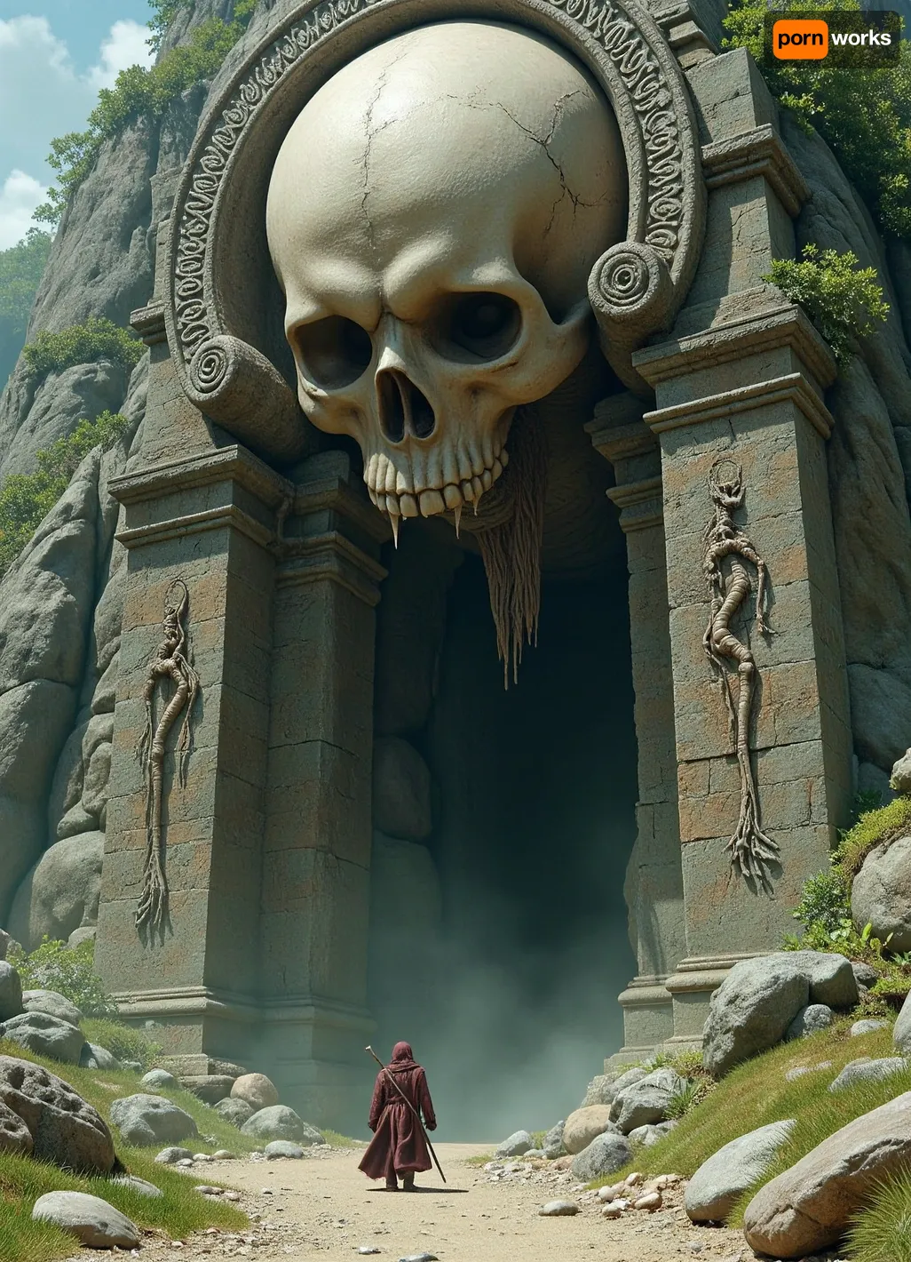 (Epic shot:1.2), of a lone warrior facing a colossal skull gate entrance carved into a mountain, ((skeletal details:1.3), dripping goo, weathered stone, ancient architecture, vines, roots, creepy, ominous), (fantasy art, dark fantasy:1.1), (highly detailed, intricate, gritty texture:1.2), volumetric lighting, dramatic shadows, muted dark colors, greens, browns, grays, desaturated, deep perspective, (digital painting, concept art by Frank Frazetta, Zdzisław Beksiński:1.3), grim, atmospheric, (masterpiece, best quality, ultra high resolution), sharp focus, professional artwork, award winning