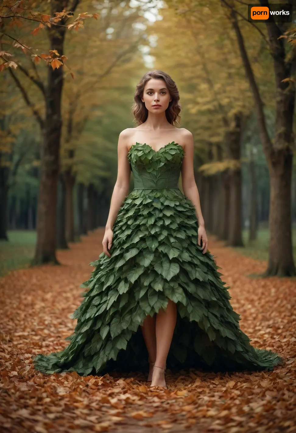 a woman, she is wearing a dress made of leaves, full body view, /©KlTTY-ART/