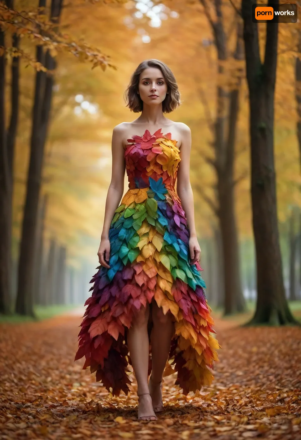 a woman, she is wearing a dress made of colorful leaves, full body view, /©KlTTY-ART/