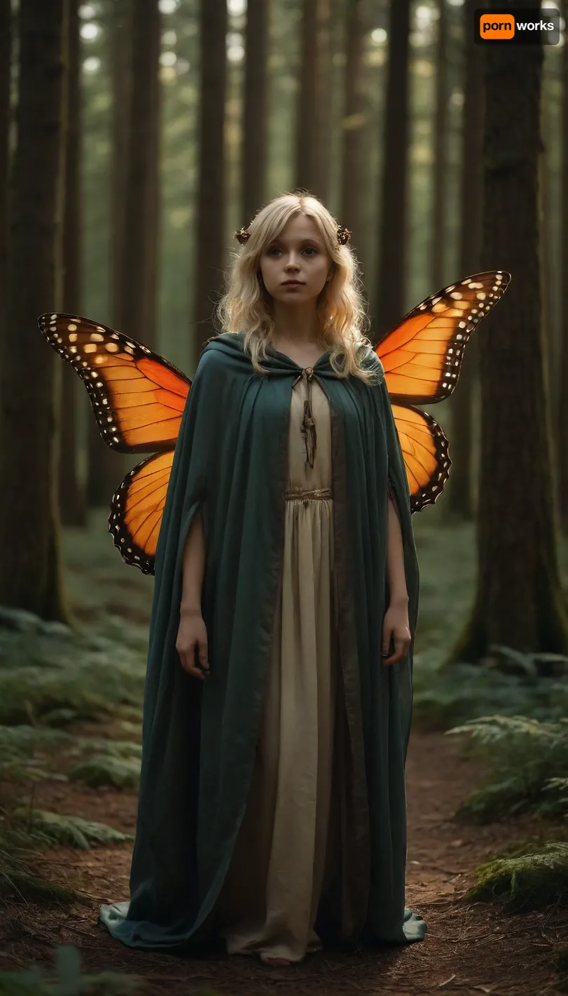 In the forest stands a tiny forest fairy, wearing a cloak and butterfly wings on her back, the fairy is blonde, she looks childish