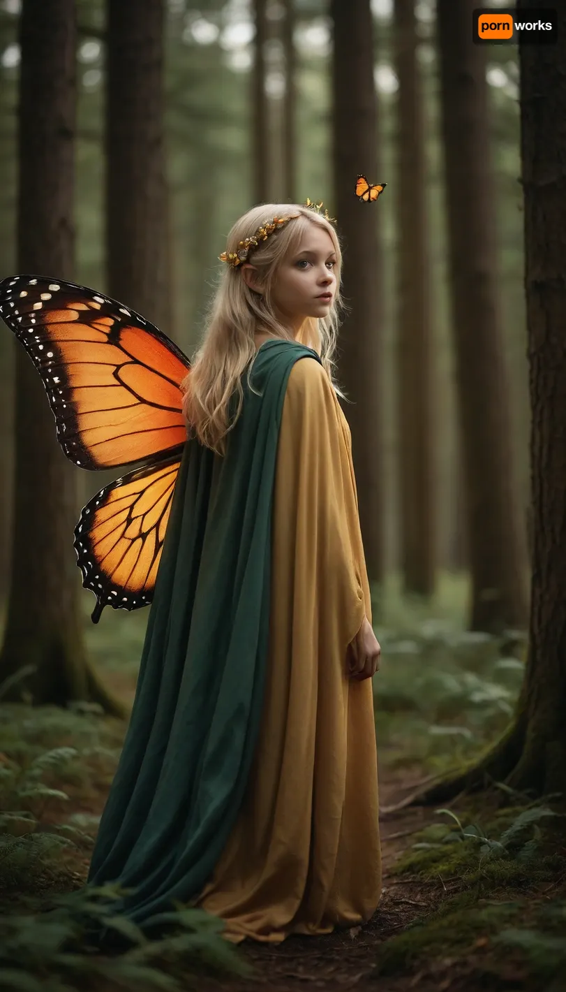 In the forest stands a tiny forest fairy, wearing a cloak and butterfly wings on her back, the fairy is blonde, she looks childish