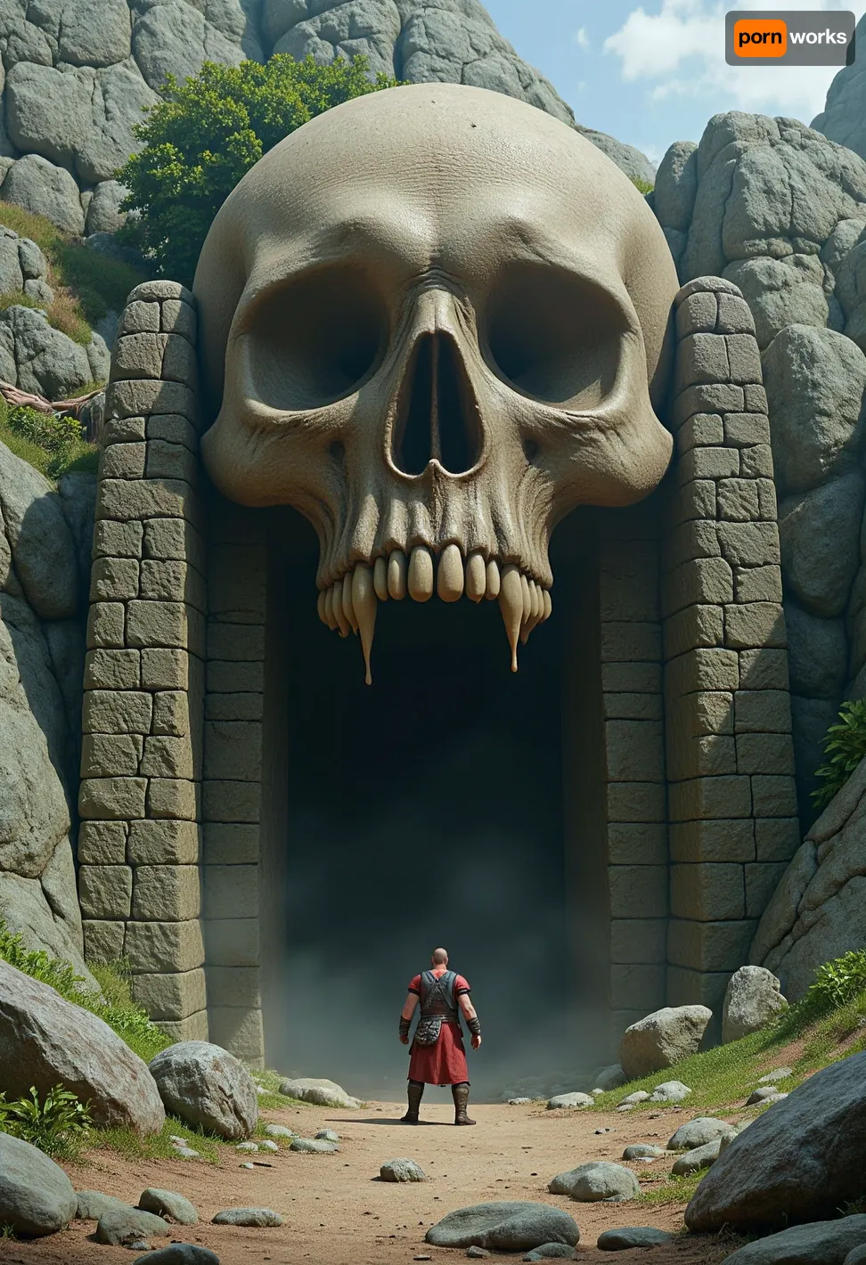 (Epic shot:1.2), of a lone warrior facing a colossal skull gate entrance carved into a mountain, ((skeletal details:1.3), dripping goo, weathered stone, ancient architecture, vines, roots, creepy, ominous), (fantasy art, dark fantasy:1.1), (highly detailed, intricate, gritty texture:1.2), volumetric lighting, dramatic shadows, muted dark colors, greens, browns, grays, desaturated, deep perspective, (digital painting, concept art by Frank Frazetta, Zdzisław Beksiński:1.3), grim, atmospheric, (masterpiece, best quality, ultra high resolution), sharp focus, professional artwork, award winning