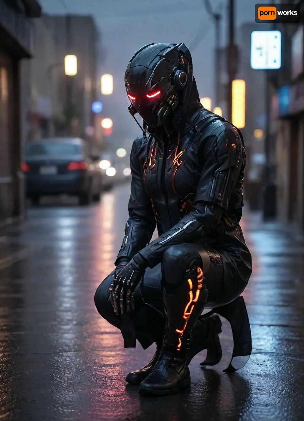 <lora:CyborgMechExosuit_v1.5:.8>, hightech_robotics, <lora:hightech_robotics:.8>, Cyberpunk, cyberpunk, style, <lora:3DCyberpunkStyle_Hap_XL:.8>, Full body, kneeling on one knee on a city street in the rain. Midnight. Sodium lighting., (Rain:1.6), (wet skin:1.4), symb10ic, neon, filaments, ribbons, tendrils, light, streaks, tentacles, <lora:SymBIOic:1.8>