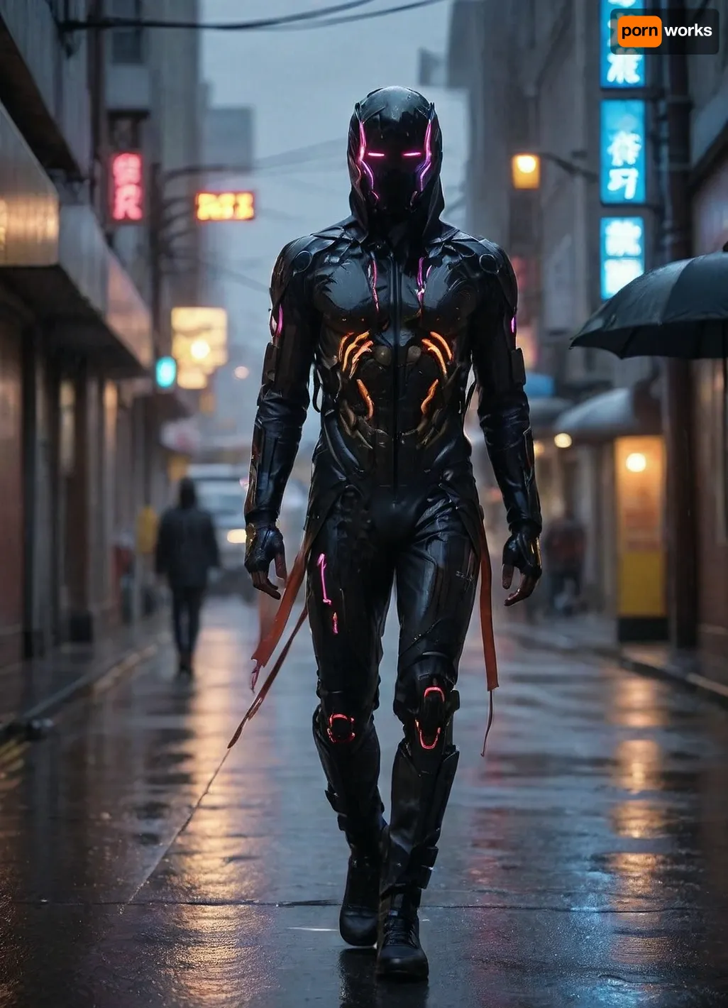 <lora:CyborgMechExosuit_v1.5:.8>, hightech_robotics, <lora:hightech_robotics:.8>, Cyberpunk, cyberpunk, style, <lora:3DCyberpunkStyle_Hap_XL:.8>, Full body, walking down a city street in the rain, midstride. Midnight. Sodium lighting., (Rain:1.6), (wet skin:1.4), symb10ic, neon, filaments, ribbons, tendrils, light, streaks, tentacles, <lora:SymBIOic:.8>