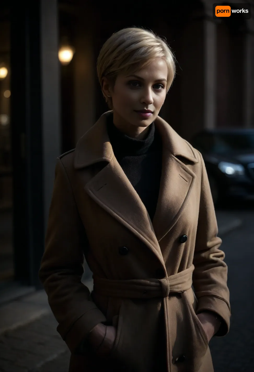 hyper photorealistic masterpiece, maximum quality, maximum details, maximum realism, russian milf, 40 years old, on street, in front of hotel entry, very short blonde pixie hair, long brown coat, black high heels, <lora:dark:.6>