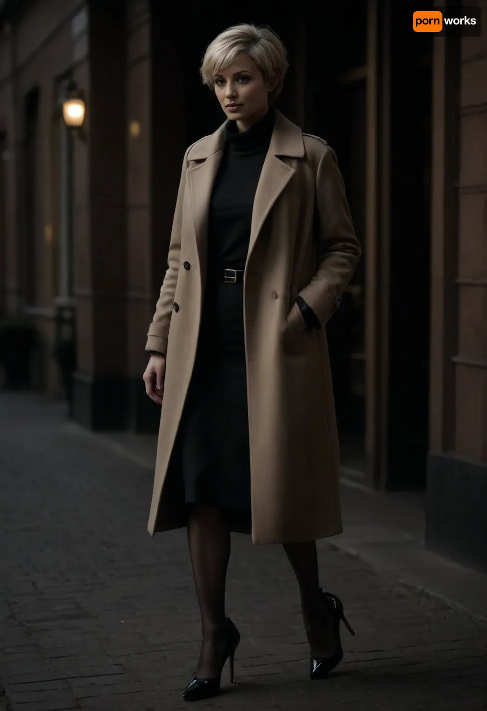 hyper photorealistic masterpiece, maximum quality, maximum details, maximum realism, russian milf, 40 years old, on street, in front of hotel entry, very short blonde pixie hair, long brown coat, (black high heels), <lora:dark:.6>