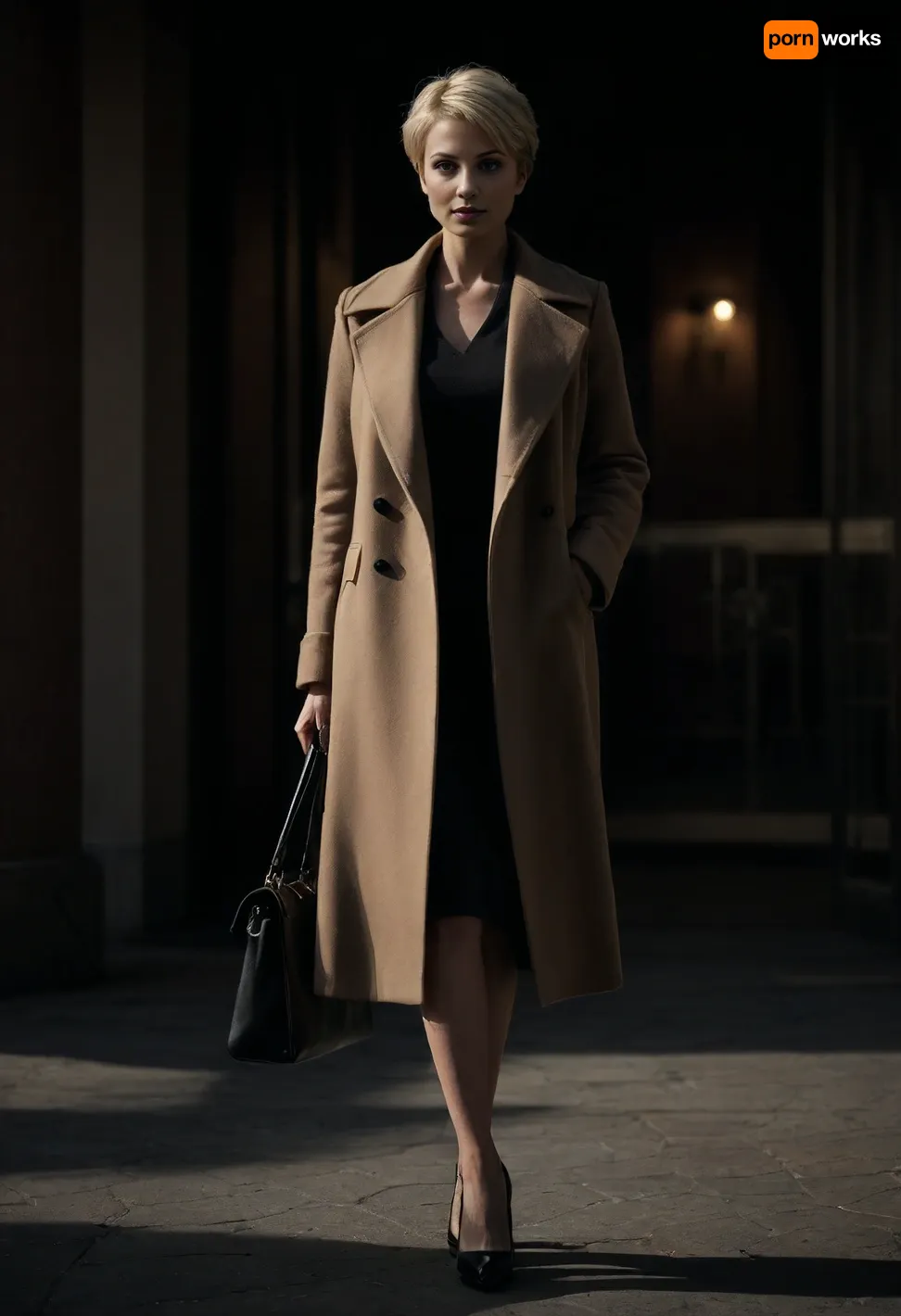 hyper photorealistic masterpiece, maximum quality, maximum details, maximum realism, russian milf, 40 years old, on street, in front of hotel entry, very short blonde pixie hair, long closed brown coat, (black high heels), <lora:dark:.6>