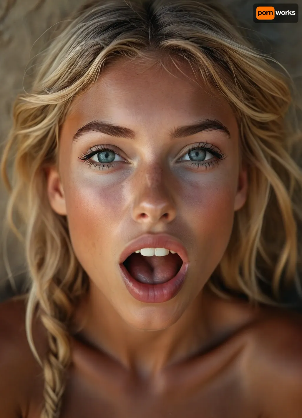 (View from above:1.5), (a 18 years old blonde girl opens mouth lasciviously:1.3), highly detailed face, (perfect tongue:1.2), (slightly opened mouth:1.5), blue eyes, (braided blonde hair:1), (looking thankful at viewer:1.4), (incredibly youthful and sexy:1.5), (most beautiful sexy face:1.2), ((Rough charcoal sketch on white paper)), ((skinny figure:1.4)), ((naughty pose)), ((clean line art)), summer afternoon, warm sunlight, nature and plants in blurred background cinematic, ((glossy very deep seamless suntanned skin:1.5)), <lora:Midjourney Image Enhancer XL v1:.9>, <lora:style_lora_realis:.9>, <lora:Realistic_People_V1:.3>