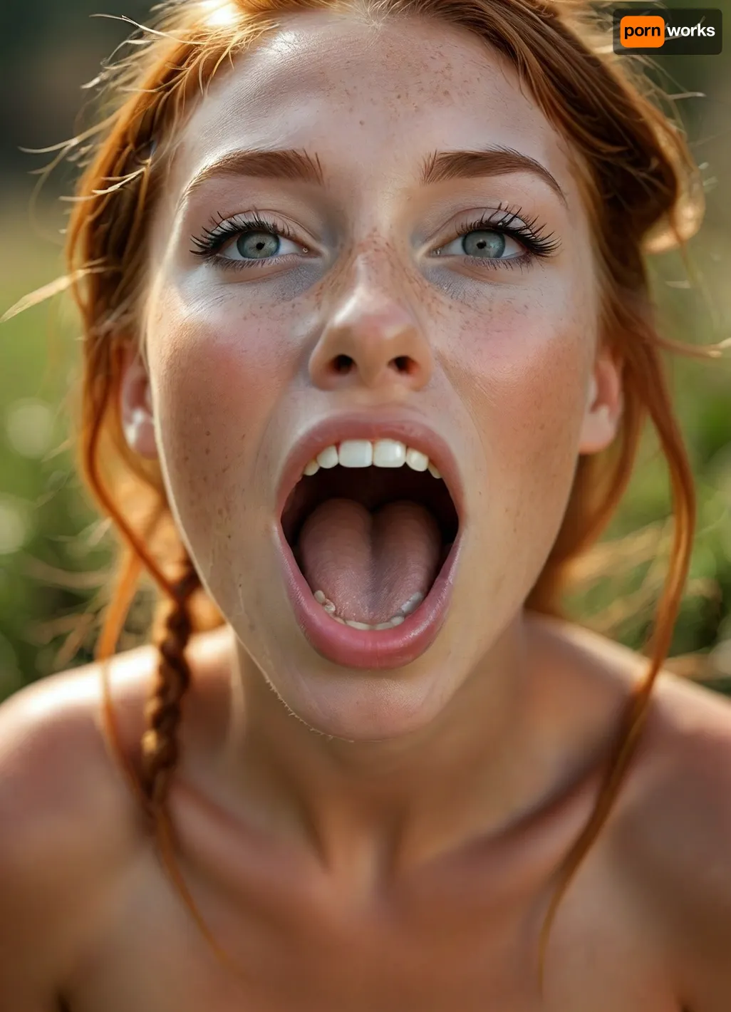 (View from above:1.5), (a 18 years old red haired girl opens mouth lasciviously:1.3), highly detailed face, (perfect tongue:1.2), (slightly opened mouth:1.5), green eyes, (braided red hair:1), (looking thankful at viewer:1.4), (incredibly youthful and sexy:1.5), (most beautiful sexy face:1.2), ((Rough charcoal sketch on white paper)), ((skinny figure:1.4)), ((naughty pose)), ((clean line art)), summer afternoon, warm sunlight, nature and plants in blurred background cinematic, ((glossy very deep seamless suntanned skin:1.5)), <lora:Midjourney Image Enhancer XL v1:.9>, <lora:style_lora_realis:.9>, <lora:Realistic_People_V1:.3>