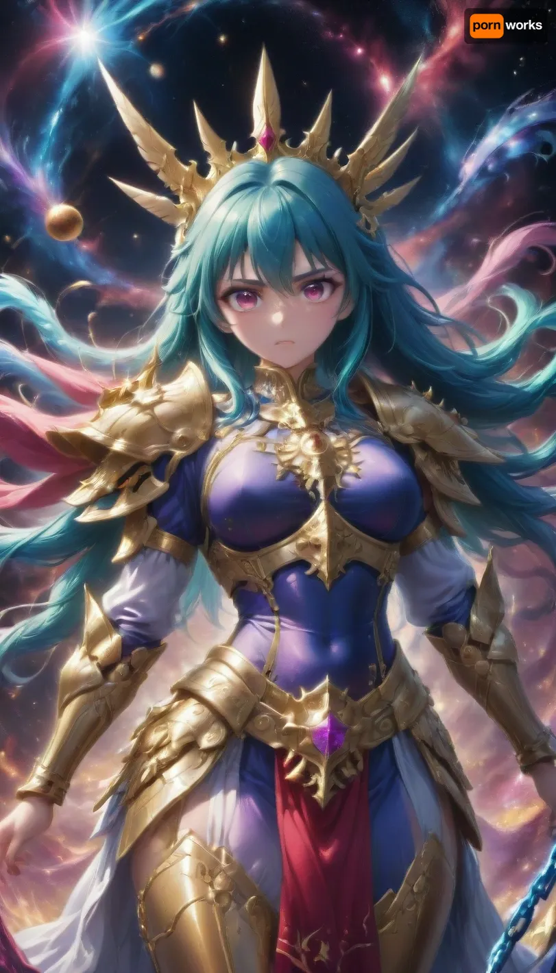 Shun from saint Seiya, cosmos background, wearing her chain armor, huge boobs, <lora:MJ52:.8>