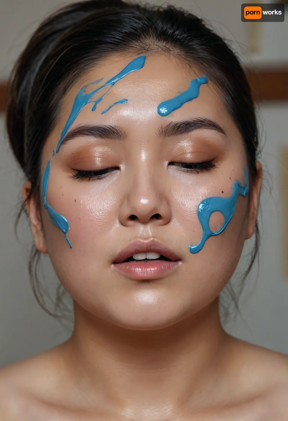 A stunning, chubby Asian model's face close up in front of the camera. The model looks into the camera. Paint is poured onto her head from above. Different colours. The paint flows over her hair and face onto her body. She closes her eyes when the paint flows over them. She enjoys it quietly. The background is a painter's studio., <lora:Chubby BBW - XL:.8>