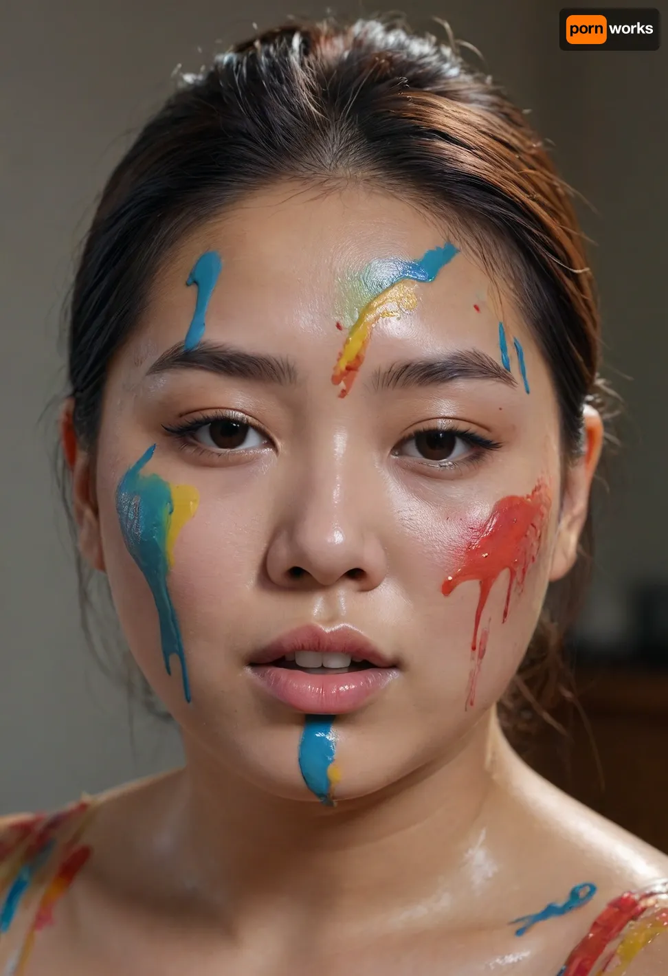 A stunning, chubby Asian model's face close up in front of the camera. The model looks into the camera. Paint is poured onto her head from above. Different colours. The paint flows over her hair and face onto her body. She closes her eyes when the paint flows over them. She enjoys it quietly. The background is a painter's studio., <lora:Chubby BBW - XL:.8>