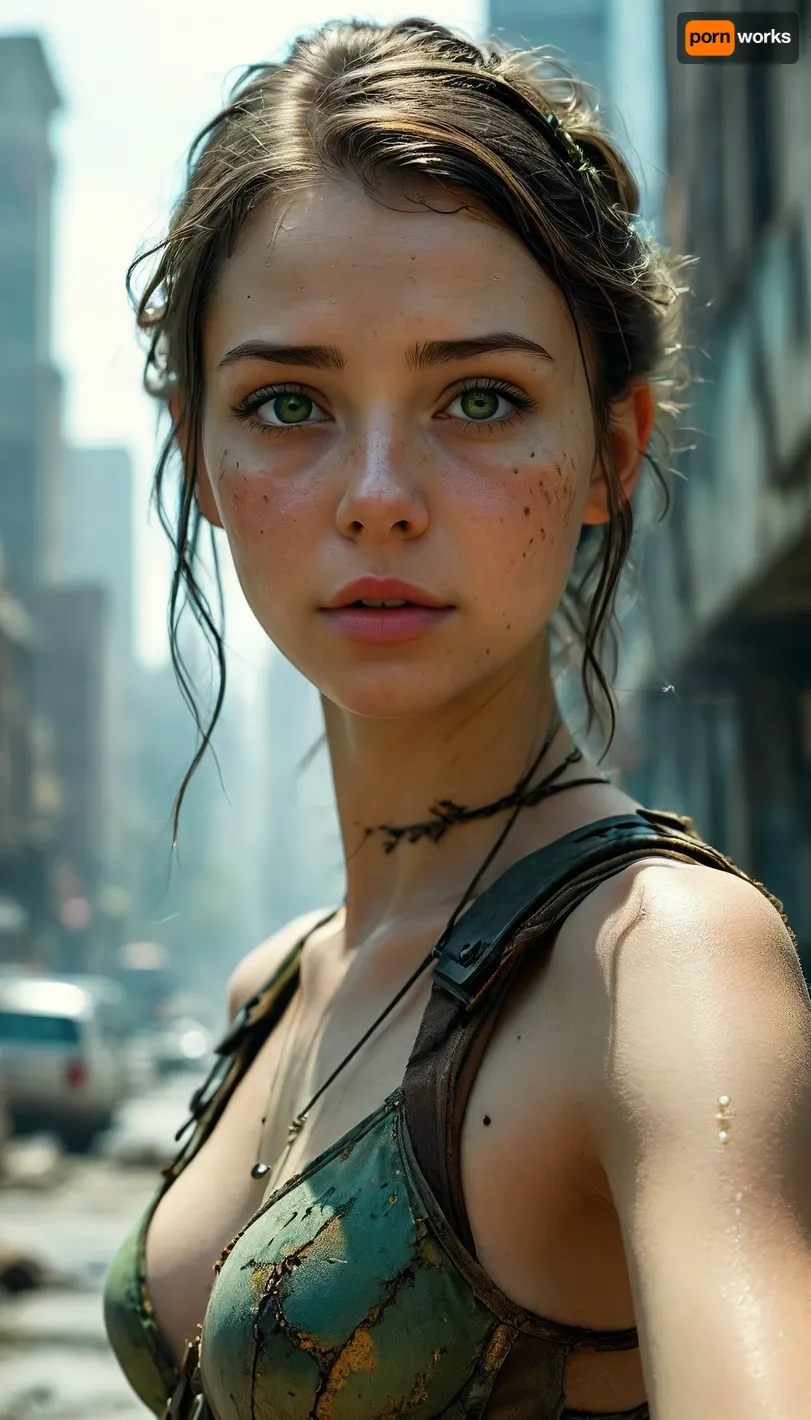 ** Bird's eye view of a post-apocalyptic metropolis, ** An endless jungle of concrete and steel is absorbed by nature, but * * the girl in the center** attracts the eye — * * her face** is drawn with hyper-realistic clarity, **sharp cheekbones**, cut **the scar from the burn** with **shades of turquoise**, **eyes the colour of molten gold** with **vertical pupils** like predatory cats, **leather** covered **network bioluminescent veins**, (blue-green, like a poisonous lichens), **lips** — **cracked from dehydration**, but the corners are raised in **sarcastic smile**, **hair** — **tangled strands** with **neon-red tips**, stuck on **chemical precipitation**, she is on the **top of the half ruined tower**, its **fitted post-apocalyptic costume** Shine **neon red accents**, contrasting with the grey ruins, **black top with metal spikes**, **denim shorts** bound **fluorescent straps**, and **shoes with the energy blades** emphasize its predatory grace, in the hands of **high-tech crossbow** with **engravings of plant roots, and belt — **jar light emitting pulsary**, which **the shadow girls** falls on the wall of a skyscraper** forming **the silhouette of a bird** around her — **the metropolis-Ghost**, skyscrapers **collapsed facades**, where **waterfalls moss** streaming software **mangled elevators**, **rusty bridges** overhang **overgrown channels** with **bioluminescent algae** and **the crows** circling **the remains of the stadiums** hard **wild vineyards, **, **sunset** pierces **toxic yellow could**, painting **misty haze** in **neon orange** and **bright green** tone, illuminating her face** — **covered with pollen mushrooms**, with **eyes the color of molten gold** reflecting **light of a dying city**, **8K details** each **crack in the concrete**, **Dewdrop** on the **web** between **antennas**, **the spark** on **the blades boot**, **ultraluxury** **rust** on **beams** and **needle cactus** pierced **paving**, **HDR lighting** creates a contrast between **warm highlights** on her **leather**, and **cold shadows** in **underground tunnels** where **cheetahs** hunt **remnants of civilization**, **ray tracing** draws **volumetric fog** enveloping **elements** and **the rusty skeletons of cars** downstairs reminiscent of **the fallen titans**, **focus** — to **her eyes**, **piercing**, **filled with challenge**, as if it — **the catalyst** between **death** and **revival**, **giant baobab** grow through **the dome of the planetarium** behind her *rooted*snakes** braid **abandoned telescopes** and **background** soluble in **the fog of ashes** where **her shadow** gets **part of the landscape**, **lossless PNG** saves **ultrametal** from **scales Python** on **the wreckage of the monument** to **her eyes**, covered in **a radioactive crystals of ice** nature **girl** — **a single organism**, rewriting the DNA of the metropolis, **fragile**, **deadly great**, **invincible**., bellap, <lora:MJ52:.8>, <lora:bellap:2>