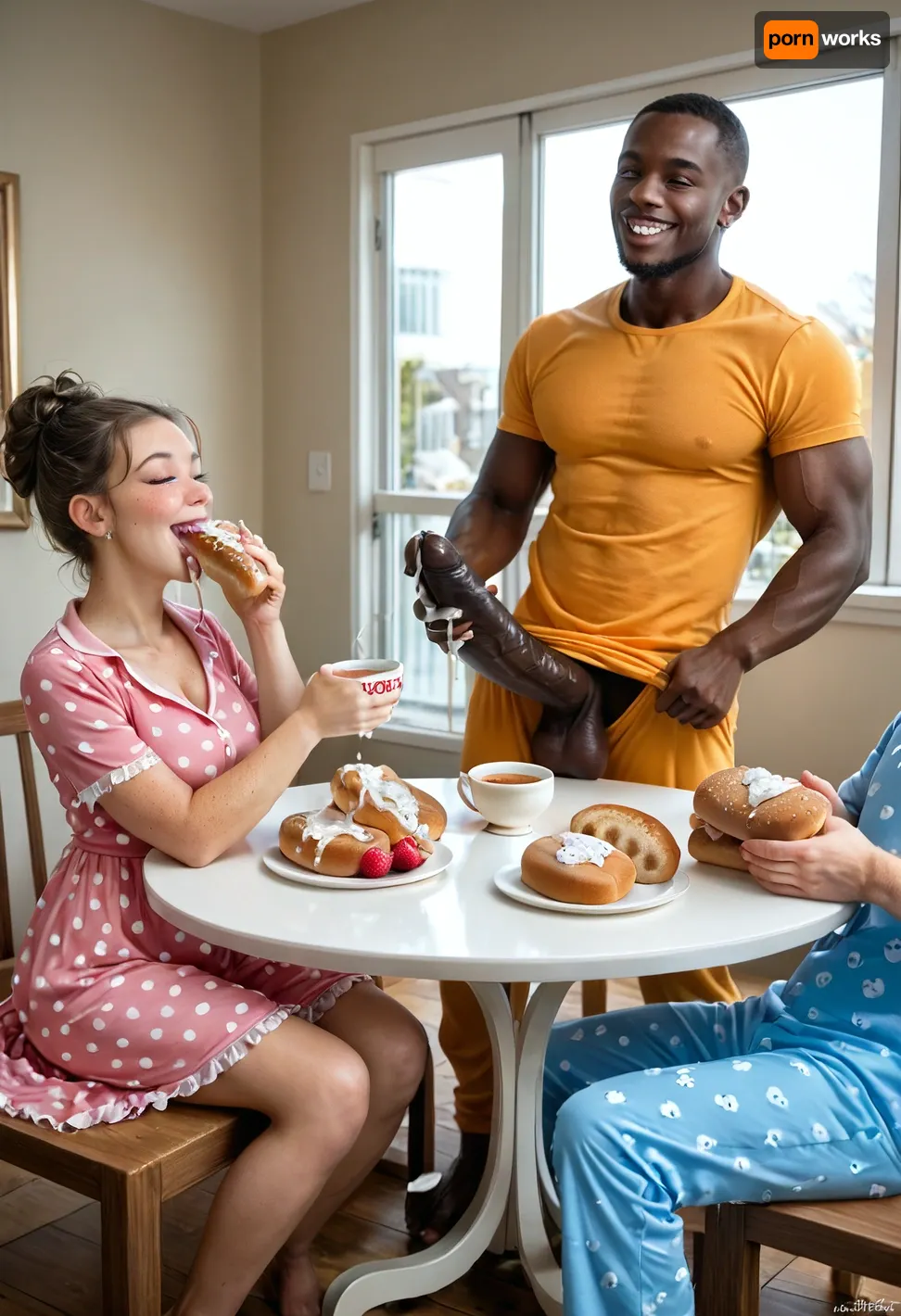 (super sticky cum splash on table and foods:1.5), ., (interracial cuckold:1.4), (extreme super giant large massive black penis:1), A cheerful, (Iranian husband), and, (slutwife), sitting at a cozy breakfast table at home, morning light coming through the window. Both are in sexy slutty sheer pajamas, smiling and, (feeding each other giant black penis:1.4), (There's super sticky cum on tea, super sticky cum on bread, super sticky cum on fruit:1.5), and giant black penis on the table. The scene feels fresh, intimate, and warm — a loving couple starting their day with big black penis., diaphanous, dress, detailed, eyes, perfect, freckles, skin, texture, photorealistic, romantic_couple_poses, <lora:add-detail-xl:.8>, <lora:xl_diaphanous_dress-1.0:.8>, <lora:Super_Eye_Detailer_By_Stable_Yogi_SDPD0:.8>, <lora:cfg_scale_boost:.8>, <lora:1365620_training_data:1.2>