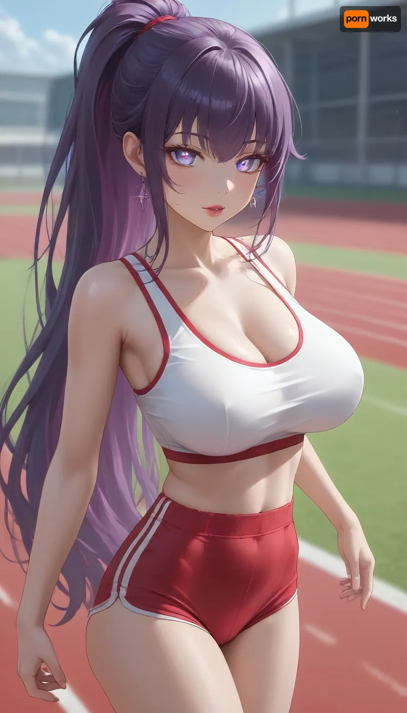 running track, (1girl), thin slim body, (huge tits:1.1), thin waist, (sparkling eyes:1.3), (glowing eyes:1.3), purple eyes, red lips, (very long ponytail:1.2), (saturated bright purple hair), (straight hair), (long straight bangs:1.1), (red BurumaShorts), (tight sexy mini shorts:1.3), (short white sporty top), (extremely tight top:1.4), cleavage, seducing, sexy, horny, teasing, <lora:Jeweled eyes-NAI:1.5>, <lora:BurumaShortsXL:1>