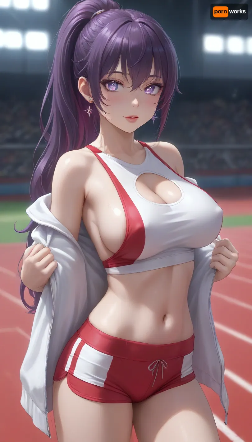 running track, (1girl), thin slim body, (huge tits:1.1), hard nipples, thin waist, (sparkling eyes:1.3), (glowing eyes:1.3), purple eyes, red lips, (very long ponytail:1.2), (saturated bright purple hair), (straight hair), (long straight bangs:1.1), (red BurumaShorts), (tight sexy mini shorts:1.3), (short white sporty top), (extremely tight top:1.4), cleavage, seducing, sexy, horny, teasing, undressing, sideboob, <lora:Jeweled eyes-NAI:1.5>, <lora:BurumaShortsXL:1>