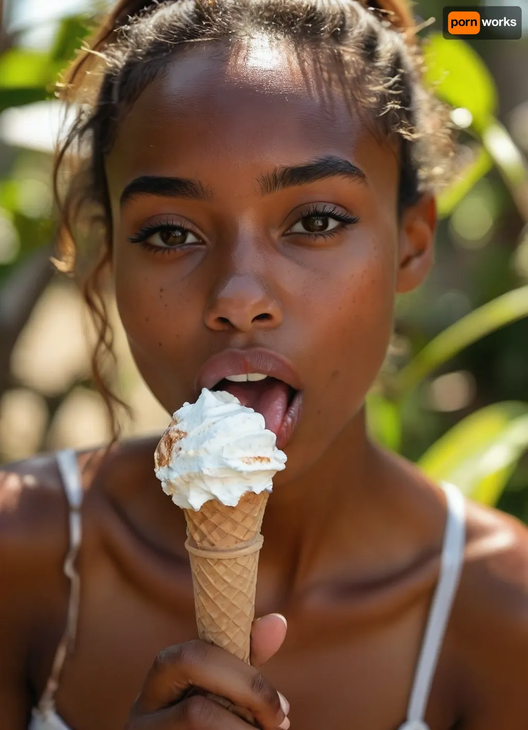 a 22 years old African model licks an ice cream cone lasciviously, highly detailed dark skinned face, (perfect tongue:1.2), (mega horny slut:1.5), (looking at viewer like she wants him:1.4), (incredibly sexy and lustful:1.5), (most beautiful sexy face:1.2), ((Rough charcoal sketch on white paper)), ((skinny figure:1.4)), ((naughty pose)), ((clean line art)), summer afternoon, warm sunlight, nature and plants in blurred background cinematic, ((glossy very deep seamless suntanned skin:1.5)), <lora:Midjourney Image Enhancer XL v1:.9>, <lora:style_lora_realis:.9>, <lora:Realistic_People_V1:.3>