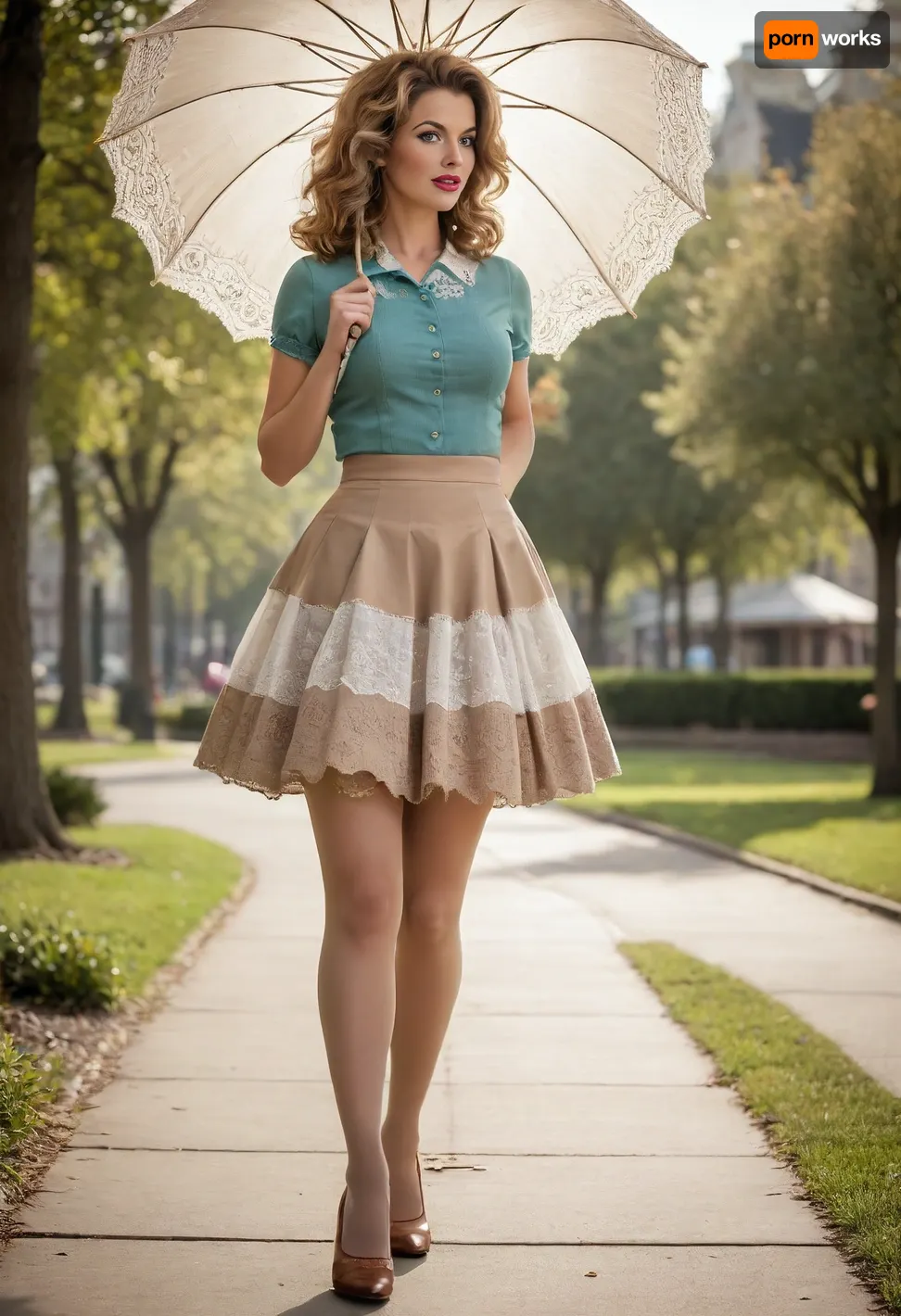 woman, 50s housewife, open eyes, long messy hair, (perfect ass), walking in the park, large breasts, sunny, sun umbrella, seductive, (messy hair), (side view), (detailed clothing of vintage dress), (detailed background), ((upskirt)), Ad Americana Style, vintage painted advertisement, retro 1950's style, (miniskirt with no panties:1.3), (lacy lightbrown stockings:1.3), high heels