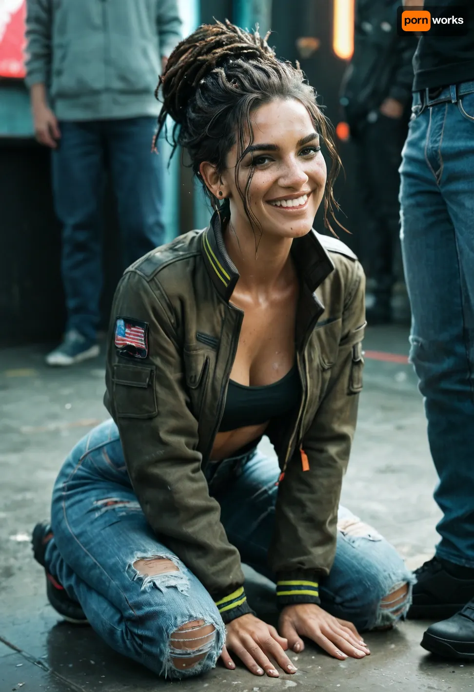 Panam Palmer from Cyberpunk 2077, happy, body suit, open jacket, jeans, On my knees, face covered in cum, clothes in tatters