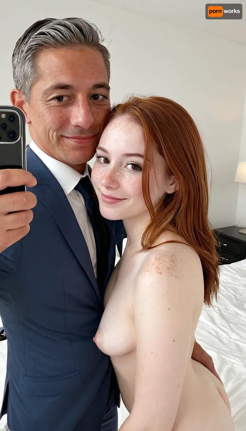 18 years old Mexican-american woman and her well dressed 50 years old husband, hugging taking a selfie, white and pale skin, naked, small areolas, slim nose, brown hair, small sagging breasts, embarrassed smile, round face, minimalist white luxury room, freckles, brown eyes, man is wearing a formal suit, molar on cheek, 3/4 body view, rhinoplasty, hyper realistic photo, full hd, 8K