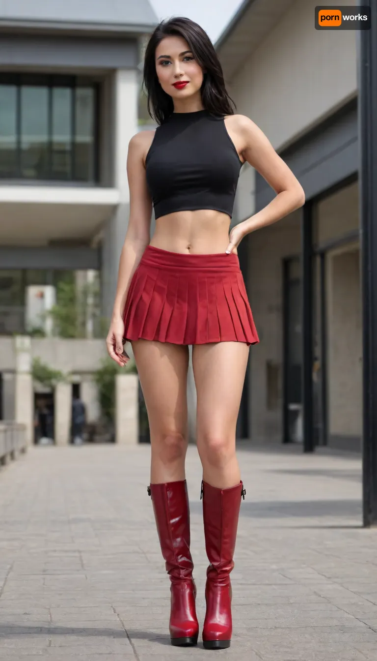 masterpiece, ((front view from below)), beautiful voluptuous 40 years old woman, raised nasal tip, modest smile, (dark red lipstick), (brown eyeshadow), (sweating), big amber eyes, wearing short black tight top and very short red tight pleated miniskirt, standing at bus station, dressed people, ((black short tight top and very short red tight pleated miniskirt:1.5)), ((visible navel)), (dressed people in background), (gymnastic body, raised nasal tip, modest smile, (sweating), hypnotized loving amber eyes), (naked shaved pussy), (((deep seamless suntan:1.5))), beautiful thin face, slim body, narrow waist, ((straight long dark black hair)), small breasts, (((flat breast))), ((full length view)), highest quality, perfect quality, natural, summer, sunny, (((platform knee boots:1.6))), clothes, ((((full body shot))))