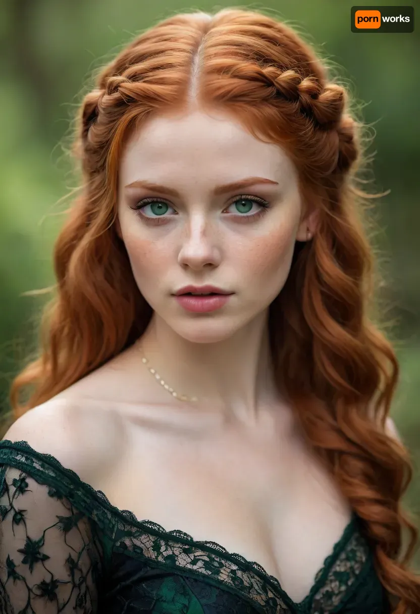 Stunning portrait of a beautiful redhead with intricate braided hair and mesmerizing green eyes. Her fair skin is adorned with delicate freckles, and she's wearing vintage-inspired jewelry and a lace-trimmed black dress. The soft, wavy hair cascades down her back, creating a romantic, ethereal vibe. classic beauty, fantasy allure, /©KlTTY-ART/