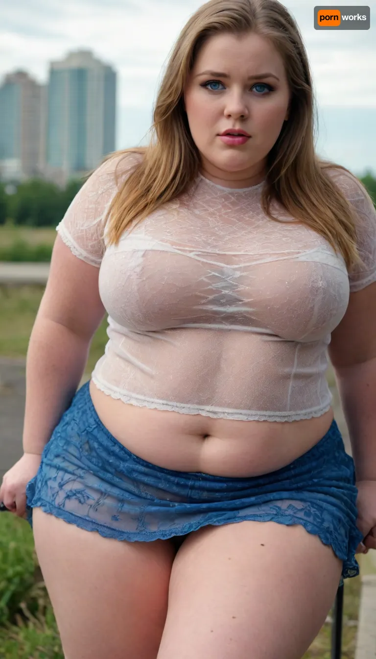 Huge chubby BBW that has blue eyes and huge tits and huge ass wearing mini skirt and loose sheer top.