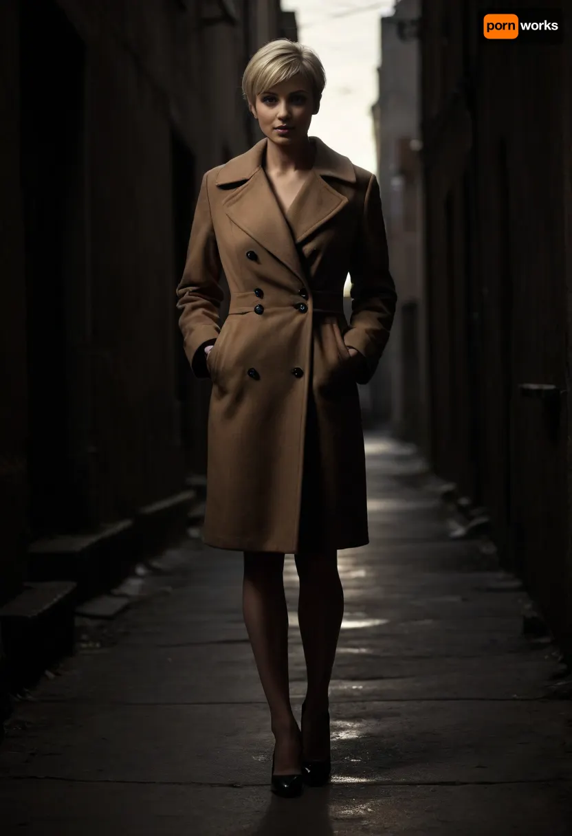 hyper photorealistic masterpiece, maximum quality, maximum details, maximum realism, russian milf, 40 years old, on street, back alley, very short blonde pixie hair, long closed brown coat, (black high heels), on knees, <lora:dark:.6>