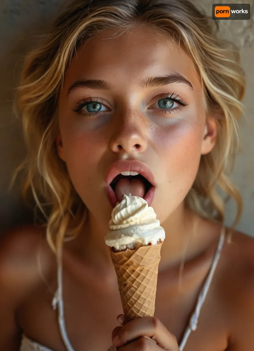 (View from above:1.5), (a 18 years old girl licks an ice cream cone lasciviously:1.3), highly detailed face, (perfect tongue:1.2), (slightly opened mouth:1.5), blue eyes, (braided blonde hair:1), (looking thankful at viewer:1.4), (incredibly youthful and sexy:1.5), (most beautiful sexy face:1.2), ((Rough charcoal sketch on white paper)), ((skinny figure:1.4)), ((naughty pose)), ((clean line art)), summer afternoon, warm sunlight, nature and plants in blurred background cinematic, ((glossy very deep seamless suntanned skin:1.5)), <lora:Midjourney Image Enhancer XL v1:.9>, <lora:style_lora_realis:.9>, <lora:Realistic_People_V1:.3>