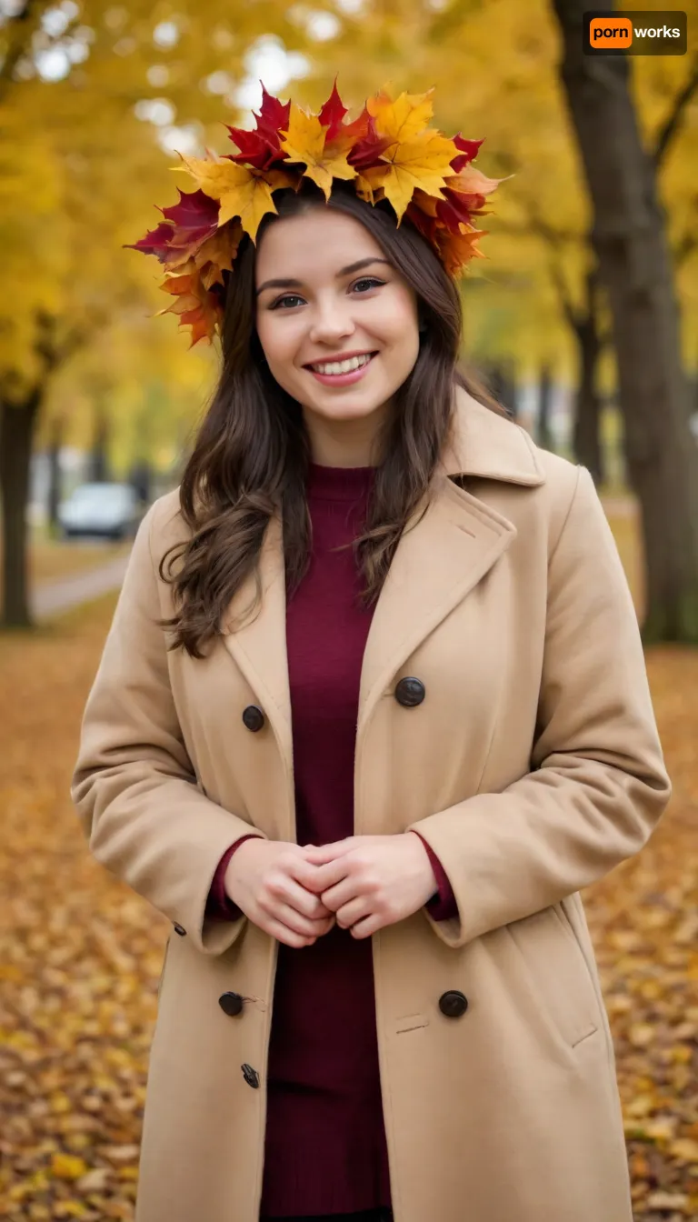 A captivating brunette just 18-year-old 4-feet-height well-built slightly plump woman, happily smiling, has a warm overcoat on, a maple autumn leaves wreath over head, in an autumn park
