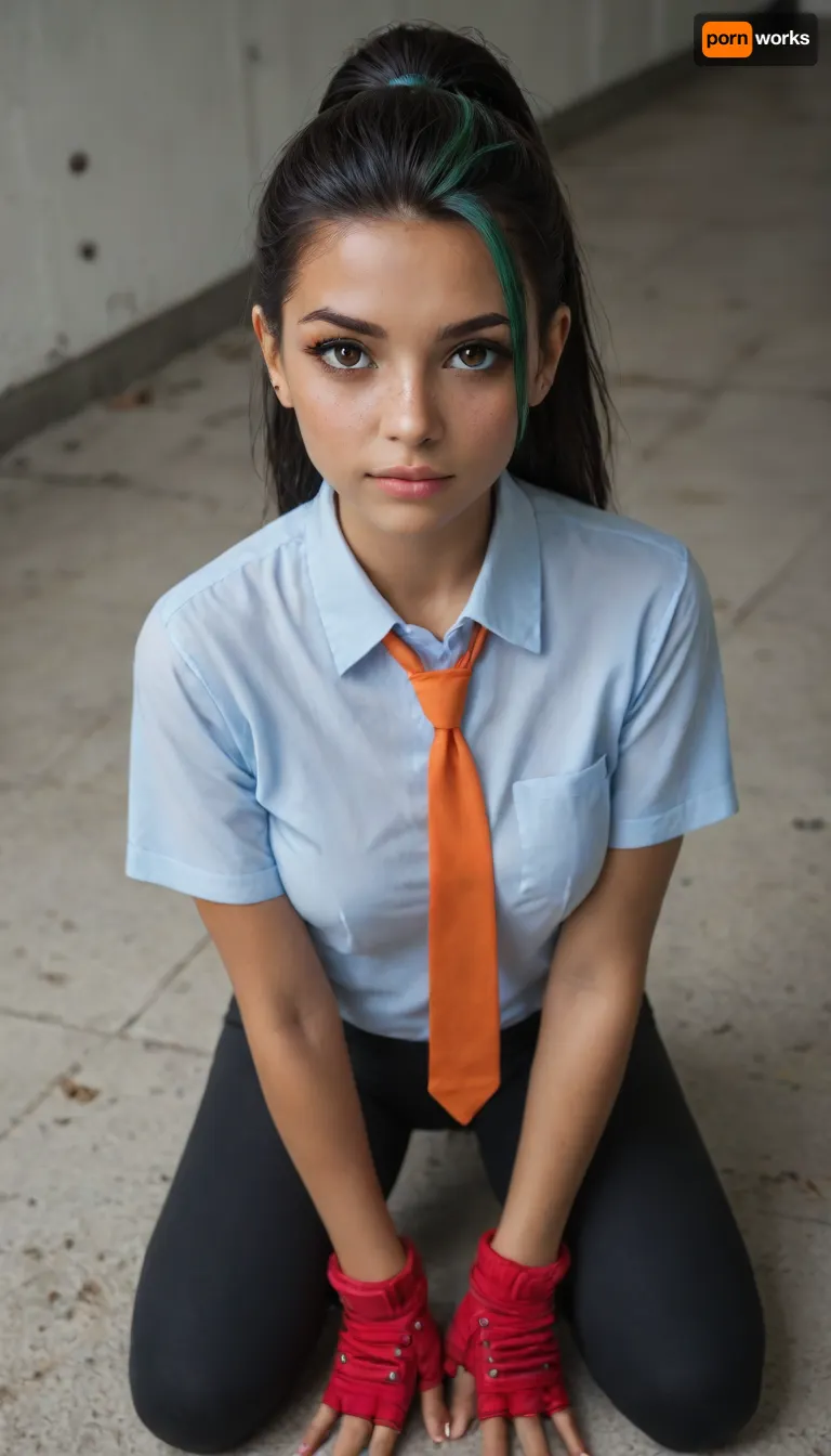 realism, ultra-realism, UHD 8K, extreme realism, maximum detail, (high-detail skin), high quality, medium breasts, A thin and tall girl, wide hips, Nemona from pokemon, expressive golden-brown eyes, tanned skin, freckles above the nose, minimalistic makeup, light blue button-down shirt with short sleeves and school emblem, orange tie, black compression leggings, red and white sneakers, red fingerless gloves, on kneeling