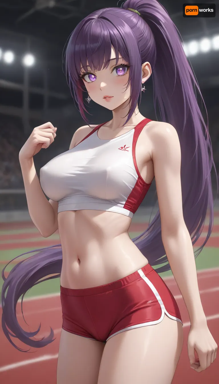 running track, (1girl), thin slim body, (huge tits), thin waist, (sparkling eyes:1.3), (glowing eyes:1.3), purple eyes, red lips, (very long ponytail:1.2), (saturated bright purple hair), (straight hair), (long straight bangs:1.2), (red BurumaShorts), (tight sexy mini shorts:1.2), (white sporty top), (extremely tight top:1.4), seducing, sexy, horny, <lora:Jeweled eyes-NAI:1.5>, <lora:BurumaShortsXL:1>