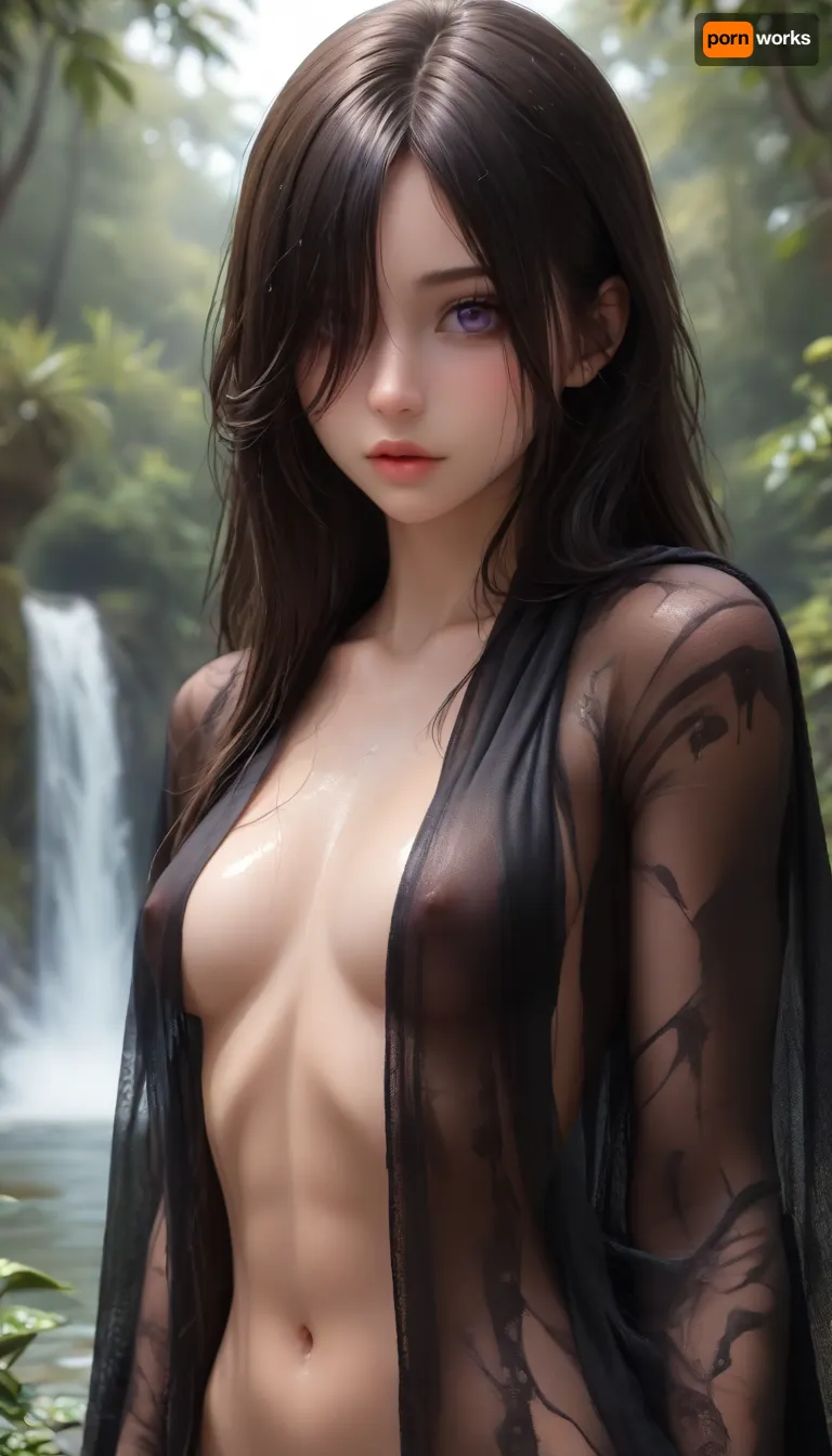 (upper body shot:1.2), (beautiful 24 year old woman rubbing body:1.4), (joyful facial expression:1.3), (tiny breasts:1.2), (nude:1.5), (long black hair over one eye:1.2), (straight long hair:1.3), (large volume of hair:1.3), (large lips:1.2), (black see-through shawl:1.5), (bright purple eyes:1.4), (big eyes), (athletic curvy body:1.4), (thick thighs:1.2), (wet), (bubble butt:1.1), by a waterfall in the Amazon Jungle, Rainbowiridal, rainbowiridal, palette, Shiny, Bright, Intense, gaze, Amber, woman, Genetically, modified..., <lora:Asian_Beauty XL:.6>, <lora:Midjourney Image Enhancer XL v1:.8>, <lora:HellJourney_XL_V1_universal:1.1>, <lora:405168_training_data:2>, <lora:Stunning_eyes_2:2>