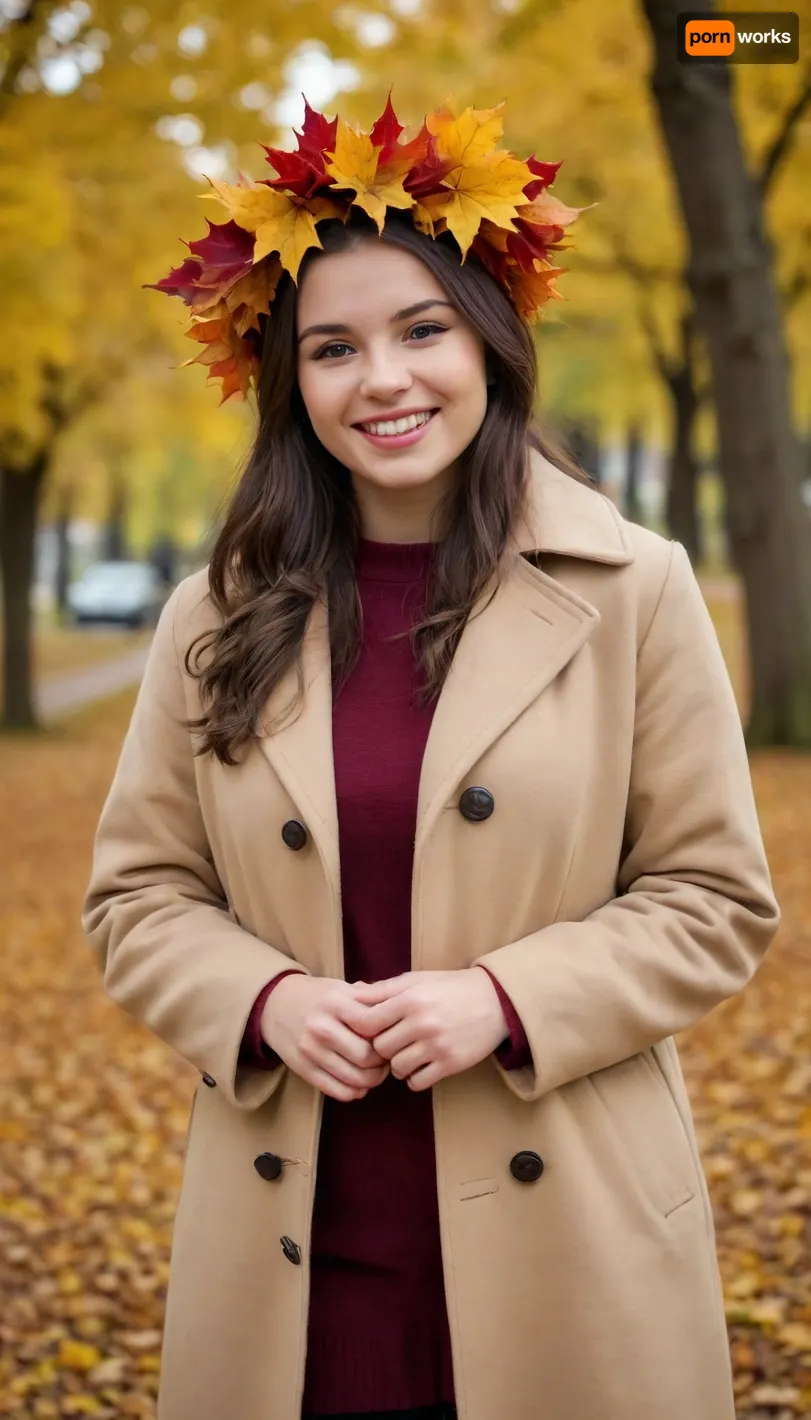 A captivating brunette just 18-year-old 4-feet-height well-built slightly plump woman, happily smiling, has a warm overcoat on, a maple autumn leaves wreath over head, in an autumn park