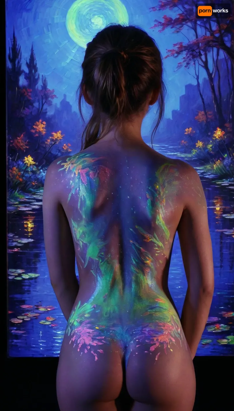 blacklight uv painted on the back of a girl depicting art in the style of monet, <lora:bl4ckl1ghtxl:.5>