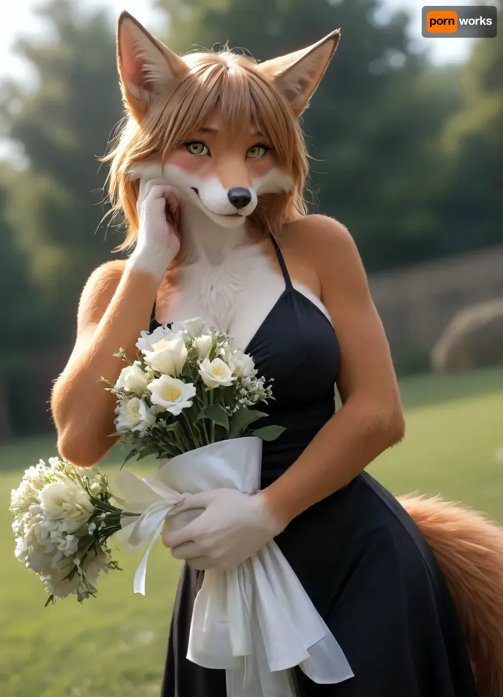 masterpiece, best quality, amazing quality, detailed, (), solo, mike-twokinds, ((mammal, fox woman, furry female anthro)), bald eagle, furry female fox, detailed red fur, fluffy, toned female, yellow eyes, white tail, big breasts, shy face, closed mouth, smiling, light blushing, black summer dress, long stockings, (hugs big bouquet), (hand on cheek), looking at viewer, dutch angle, from front view, outdoors, (((furry art, furry woman, adult)))