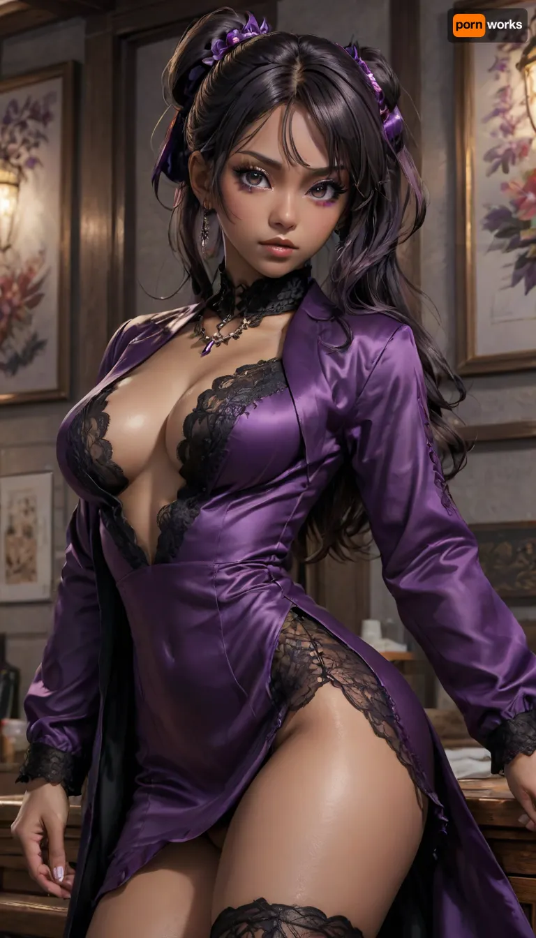 (((anime face))), dark skin, long trench coat, ((muscular athletic Filipino playful pose)), (((massage background))), ((satin silky goth lace embroidered purple black dress)), thick choker, large necklace, ((high resolution, 8k, masterpiece)), oil, futuristic-fantasy-anime, sensual aroused dynamic movement pose, sensual mouth, <lora:futureistic_fantasy_anime_sdxl_v1:2>, extremely long hair high ponytail