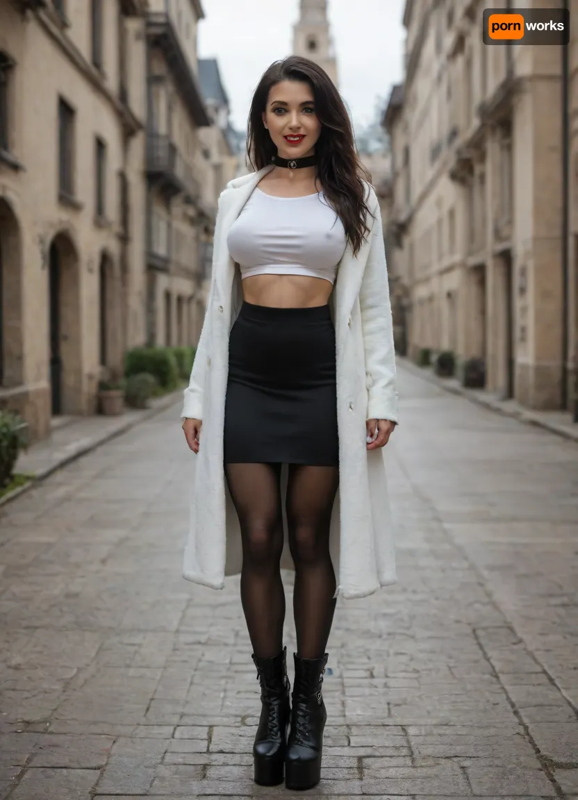 Single azeri girl is 30 years old, her height is 160 centimeters, her weight is 48 kilograms, bright makeup, high cheekbones, beautiful almond-shaped eyes, real eyes, thick eyelashes, steep arch thick eyebrows, white even teeth in mouth, joyful smile, (legs:1.3), (black high heel platform boots, black stockings, long black skirt, breasts under long white shirt, under black fur coat with collar), with radiant skin, very long straight layered flowing black hair, light skin color, warm skin, skinny body, skinny legs, skinny physique, six-pack, relief toned abs, skinny hips, relief muscles, (huge fake breasts, (DDDD-CUP), perfect round silicone breasts, toned breasts), highly detailed breasts, highly detailed skin, highly detailed face, highly detailed teeth, highly detailed hands, highly detailed arms, highly detailed fingers, highly detailed nails, highly detailed lips, highly detailed eyes, highly detailed legs, realistic, (best quality), masterpiece, high resolution, wallpaper 8k, UHD, (high quality), (super detail), 8K, (highest quality), (best details), (perfect lighting), perfect natural lighting, (best shadow), (best shot), (best lighting), (best shadow, best shaded shadows), shot with a Nikon Z7 II camera, very narrow waist, rounded hips, very high legs, 1girl, very big bright red lips, plump red lips, fingers with red manicure, yellow gold earings, hooker, walking in a garden near a palace, winter, snow.