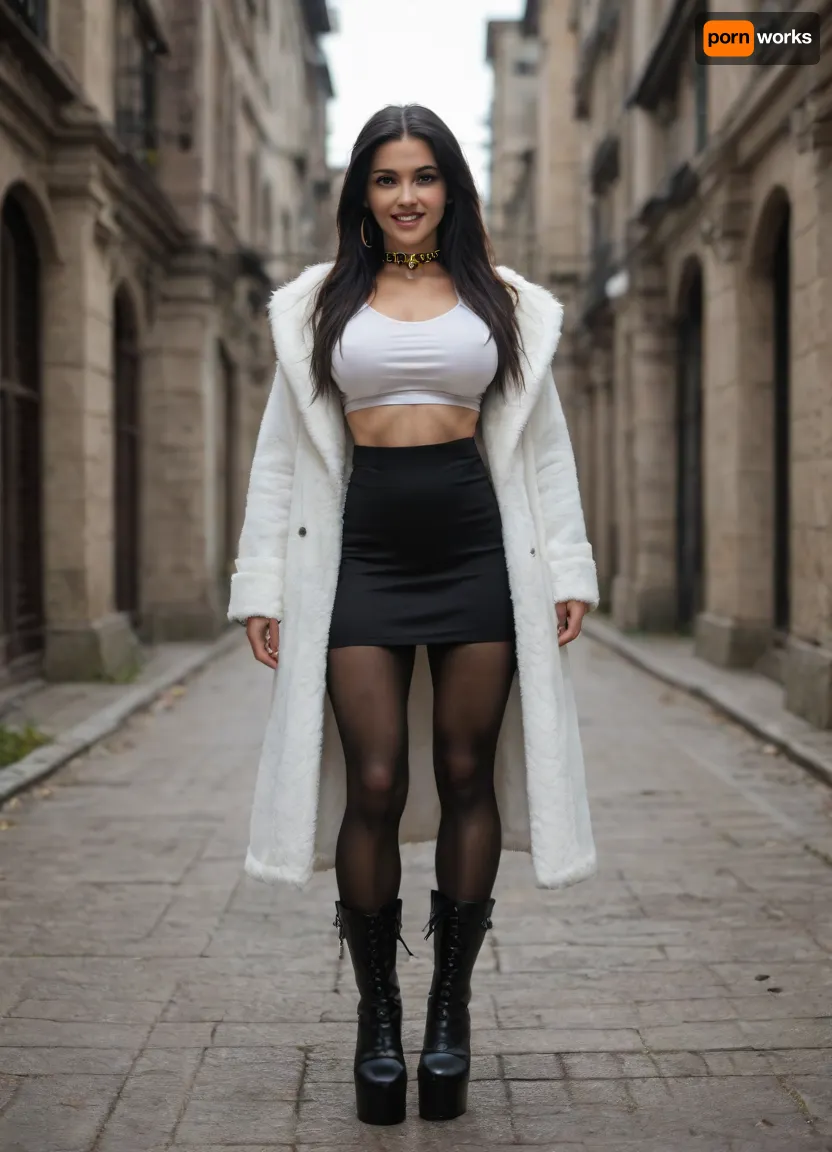 Single azeri girl is 30 years old, her height is 160 centimeters, her weight is 48 kilograms, bright makeup, high cheekbones, beautiful almond-shaped eyes, real eyes, thick eyelashes, steep arch thick eyebrows, white even teeth in mouth, joyful smile, (legs:1.3), (black high heel platform boots, black stockings, long black skirt, breasts under long white shirt, under black fur coat with collar), with radiant skin, very long straight layered flowing black hair, light skin color, warm skin, skinny body, skinny legs, skinny physique, six-pack, relief toned abs, skinny hips, relief muscles, (huge fake breasts, (DDDD-CUP), perfect round silicone breasts, toned breasts), highly detailed breasts, highly detailed skin, highly detailed face, highly detailed teeth, highly detailed hands, highly detailed arms, highly detailed fingers, highly detailed nails, highly detailed lips, highly detailed eyes, highly detailed legs, realistic, (best quality), masterpiece, high resolution, wallpaper 8k, UHD, (high quality), (super detail), 8K, (highest quality), (best details), (perfect lighting), perfect natural lighting, (best shadow), (best shot), (best lighting), (best shadow, best shaded shadows), shot with a Nikon Z7 II camera, very narrow waist, rounded hips, very high legs, 1girl, very big bright red lips, plump red lips, fingers with red manicure, yellow gold earings, hooker, walking in a garden near a palace, winter, snow.