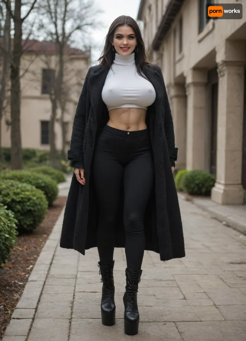 Single azeri girl is 30 years old, her height is 160 centimeters, her weight is 48 kilograms, bright makeup, high cheekbones, beautiful almond-shaped eyes, real eyes, thick eyelashes, steep arch thick eyebrows, white even teeth in mouth, joyful smile, (legs:1.3), (black high heel platform boots, black trousers, breasts under long white shirt, under black fur coat with high collar), with radiant skin, very long straight layered flowing black hair, light skin color, warm skin, skinny body, skinny legs, skinny physique, six-pack, relief toned abs, skinny hips, relief muscles, (huge fake breasts, (DDDD-CUP), perfect round silicone breasts, bouncy breasts, toned breasts), highly detailed breasts, highly detailed skin, highly detailed face, highly detailed teeth, highly detailed hands, highly detailed arms, highly detailed fingers, highly detailed nails, highly detailed lips, highly detailed eyes, highly detailed legs, realistic, (best quality), masterpiece, high resolution, wallpaper 8k, UHD, (high quality), (super detail), 8K, (highest quality), (best details), (perfect lighting), perfect natural lighting, (best shadow), (best shot), (best lighting), (best shadow, best shaded shadows), shot with a Nikon Z7 II camera, very narrow waist, rounded hips, very high legs, 1girl, very big bright red lips, plump red lips, fingers with red manicure, yellow gold earings, hooker, walking in a garden near a palace, winter, snow.