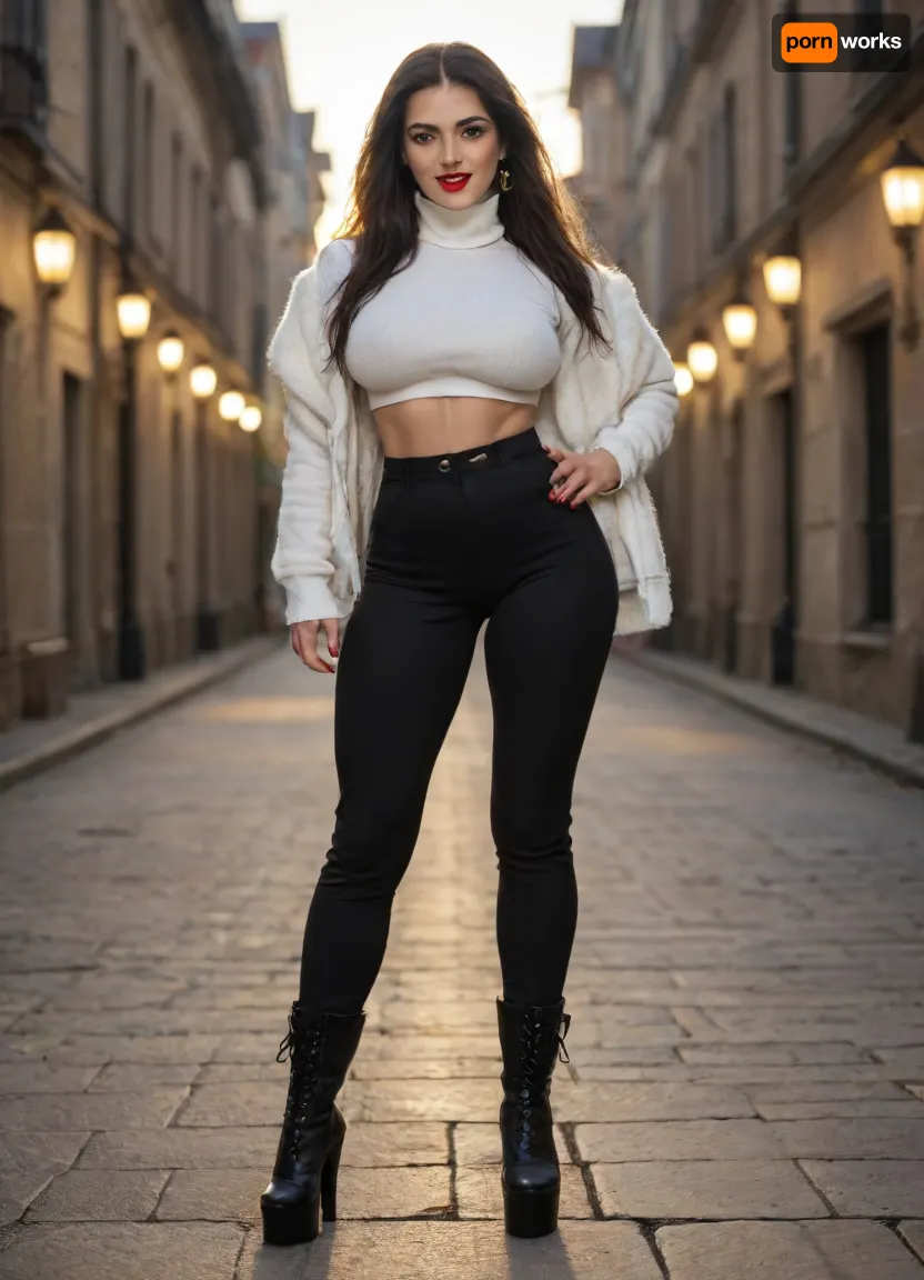 Single azeri girl is 30 years old, her height is 160 centimeters, her weight is 48 kilograms, bright makeup, high cheekbones, beautiful almond-shaped eyes, real eyes, thick eyelashes, steep arch thick eyebrows, white even teeth in mouth, joyful smile, (legs:1.3), (black high heel platform boots, black trousers, breasts under long white shirt, under warm jacket with high collar), with radiant skin, very long straight layered flowing black hair, light skin color, warm skin, skinny body, skinny legs, skinny physique, six-pack, relief toned abs, skinny hips, relief muscles, (huge fake breasts, (DDDD-CUP), perfect round silicone breasts, bouncy breasts, toned breasts), highly detailed breasts, highly detailed skin, highly detailed face, highly detailed teeth, highly detailed hands, highly detailed arms, highly detailed fingers, highly detailed nails, highly detailed lips, highly detailed eyes, highly detailed legs, realistic, (best quality), masterpiece, high resolution, wallpaper 8k, UHD, (high quality), (super detail), 8K, (highest quality), (best details), (perfect lighting), perfect natural lighting, (best shadow), (best shot), (best lighting), (best shadow, best shaded shadows), shot with a Nikon Z7 II camera, very narrow waist, rounded hips, very high legs, 1girl, very big bright red lips, plump red lips, fingers with red manicure, yellow gold earings, hooker, walking in a backyard near a palace, winter, snow.