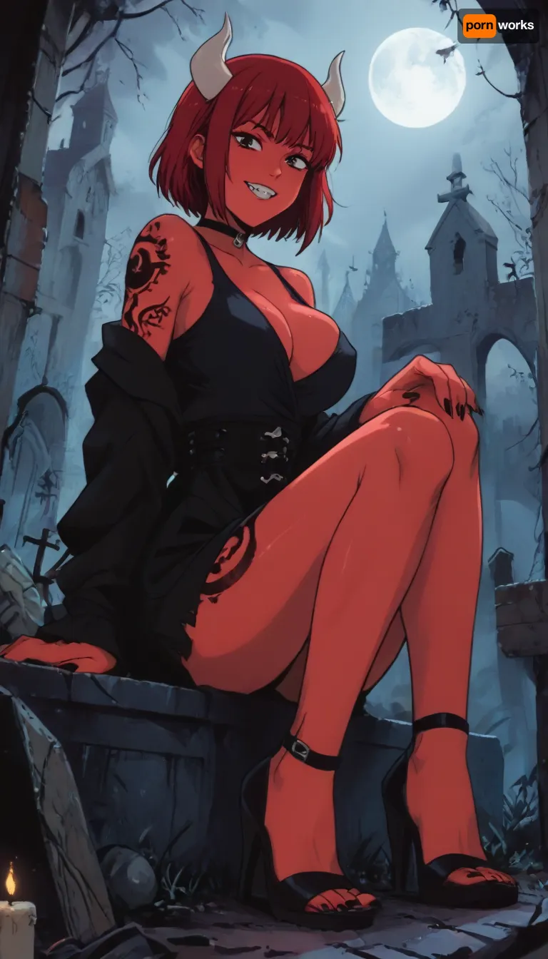 score_9, score_8_up, score_7_up, source_anime, markgavatino style, cute demon succubus woman, (nipple slip, one breast out), tattoos, sitting, low angle, high heels, (petite gothic woman, huge breasts, narrow waist, athletic body), feet on shoulder width, emo gothic outfit, luxurious jewelry, (female with red skin), white horns, bared her fangs in a grin, sharp teeth, long sharp claws, abandoned graveyard, night, huge moon, volumetric fog, candles, cute, doodle, j_cartoon, ratatatat74, <lora:cutedoodle_XL-000012:.8>, <lora:J_cartoon:.8>, <lora:ratatatat74-000050:.8>, <lora:NEOTOKIOXL_0.2_RC:.8>, <lora:outline_xl_kohaku_delta_spv5x:.8>